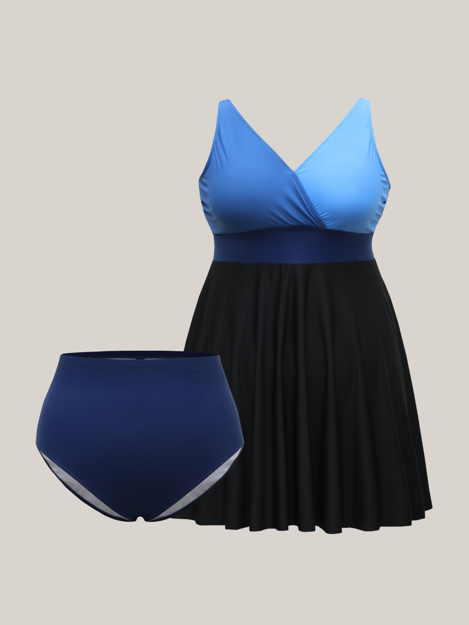 Plus Size Color-Block Surplice Neck Adjustable Swim Dress Women`s Swimwear Mediumblue Beach Bodycon Overlap Collar High stretch Curve Swim Dresses BloomChic 26/4X 
