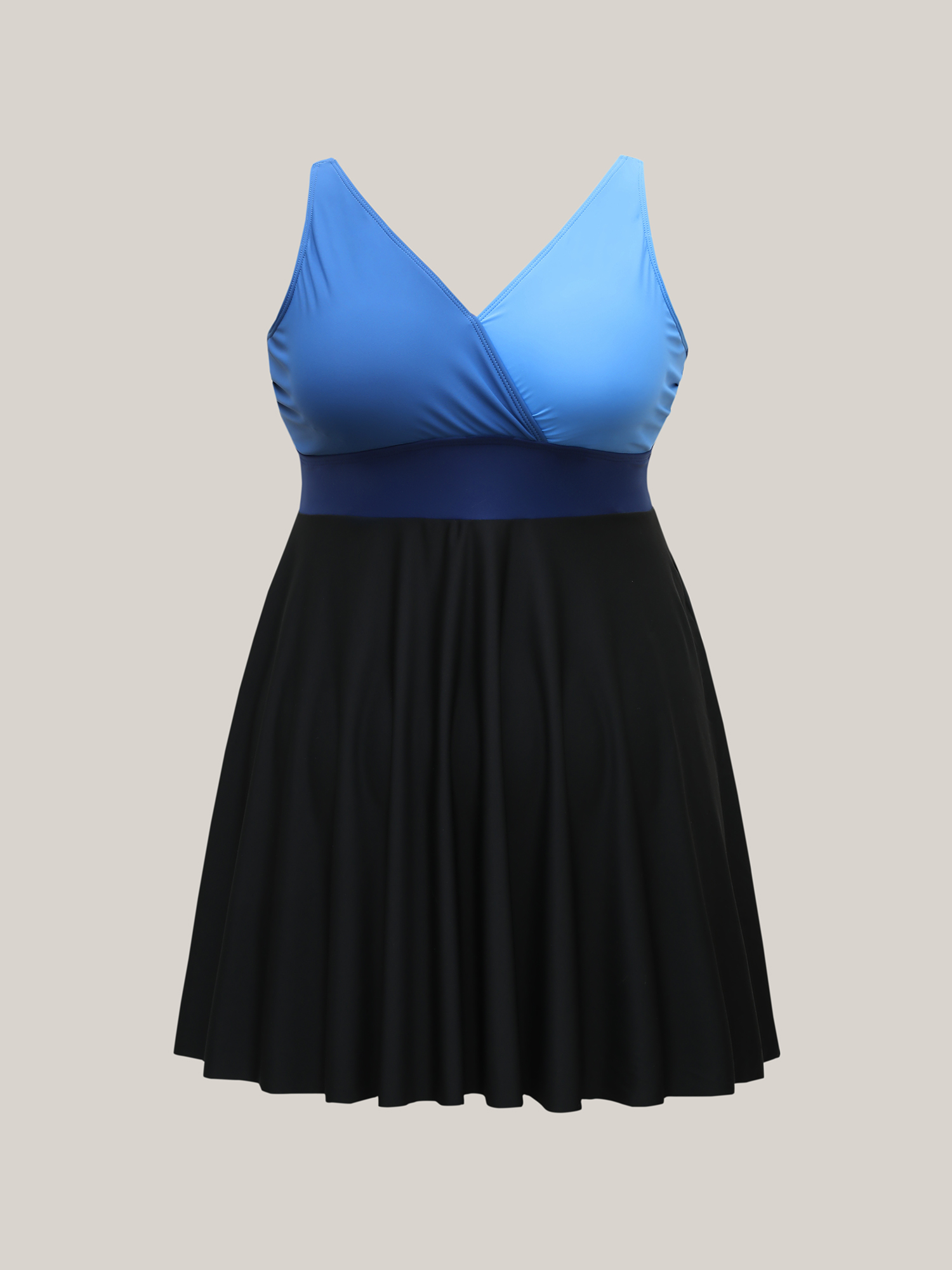 Plus Size Color-Block Surplice Neck Adjustable Swim Dress Women`s Swimwear Mediumblue Beach Bodycon Overlap Collar High stretch Curve Swim Dresses BloomChic 26/4X 