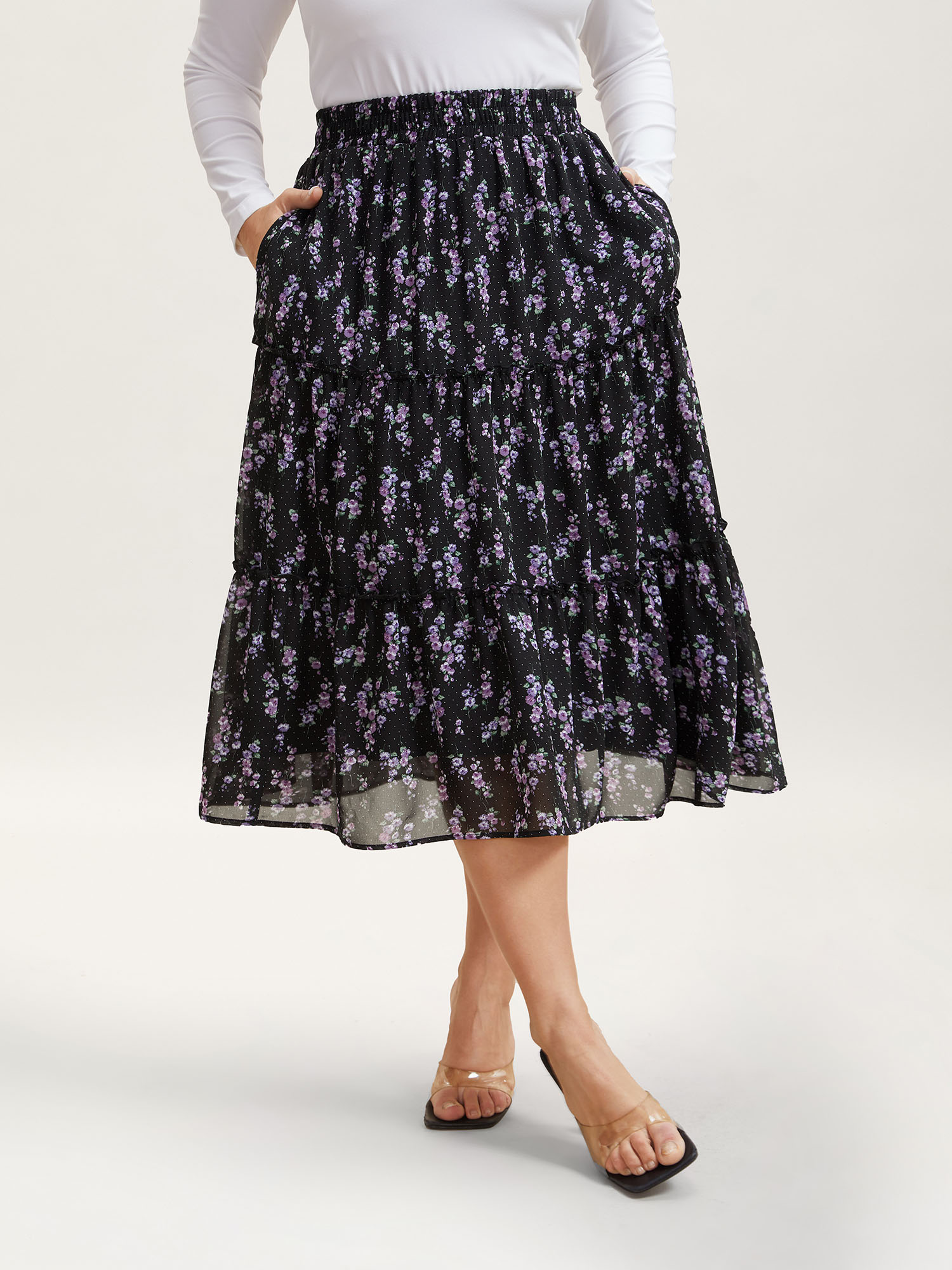 

Plus Size Flirty Floral Pleated Sheer Midi Skirt Women BlackFlower Elegant See through No stretch Side seam pocket Everyday Skirts BloomChic