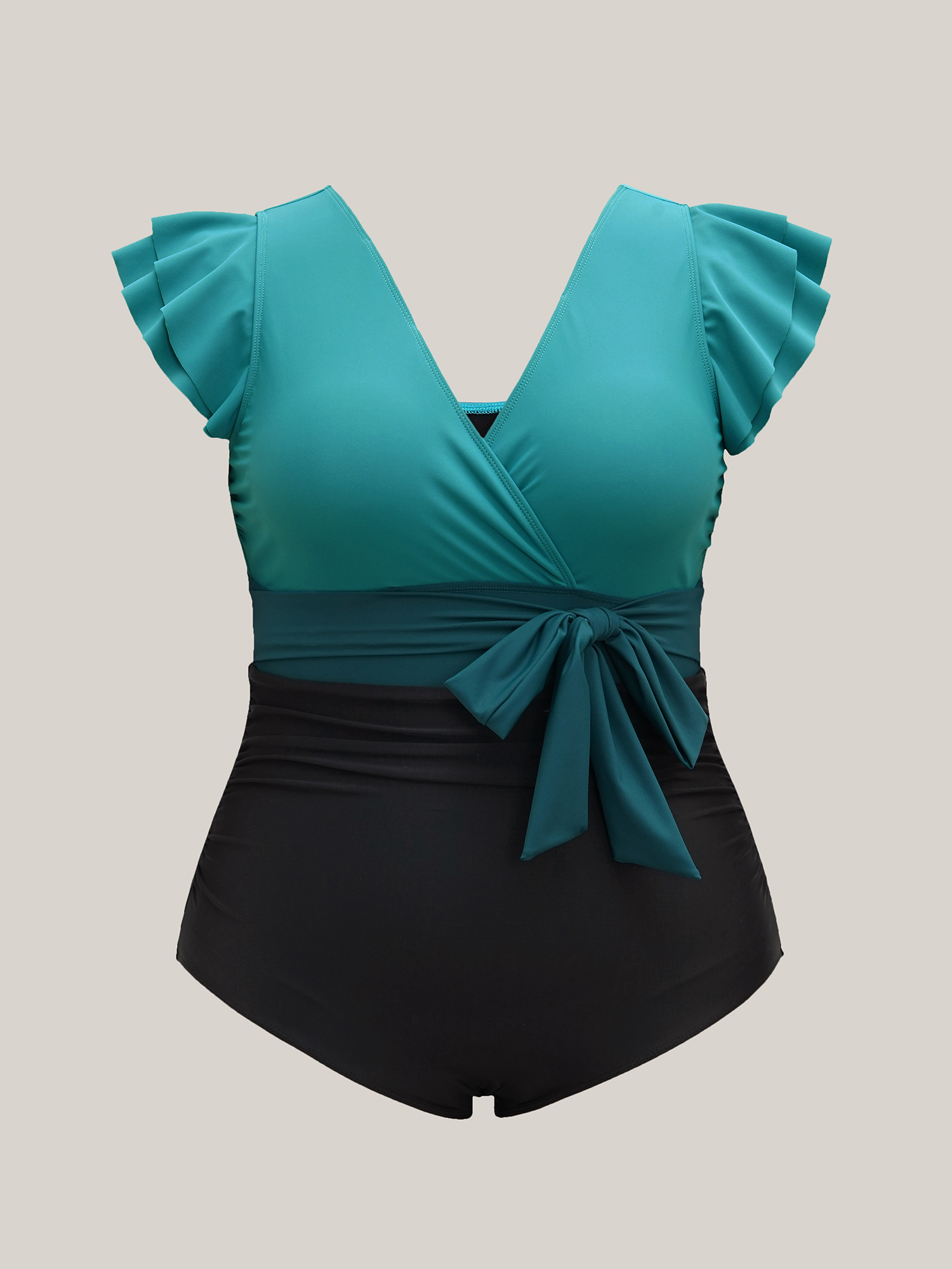 Plus Size Color Block Belted Ruffle Sleeve One-Piece Swimsuit Women`s Swimwear Teal Beach Tie knot Curve Bathing Suits High stretch One Pieces BloomChic 12/L 