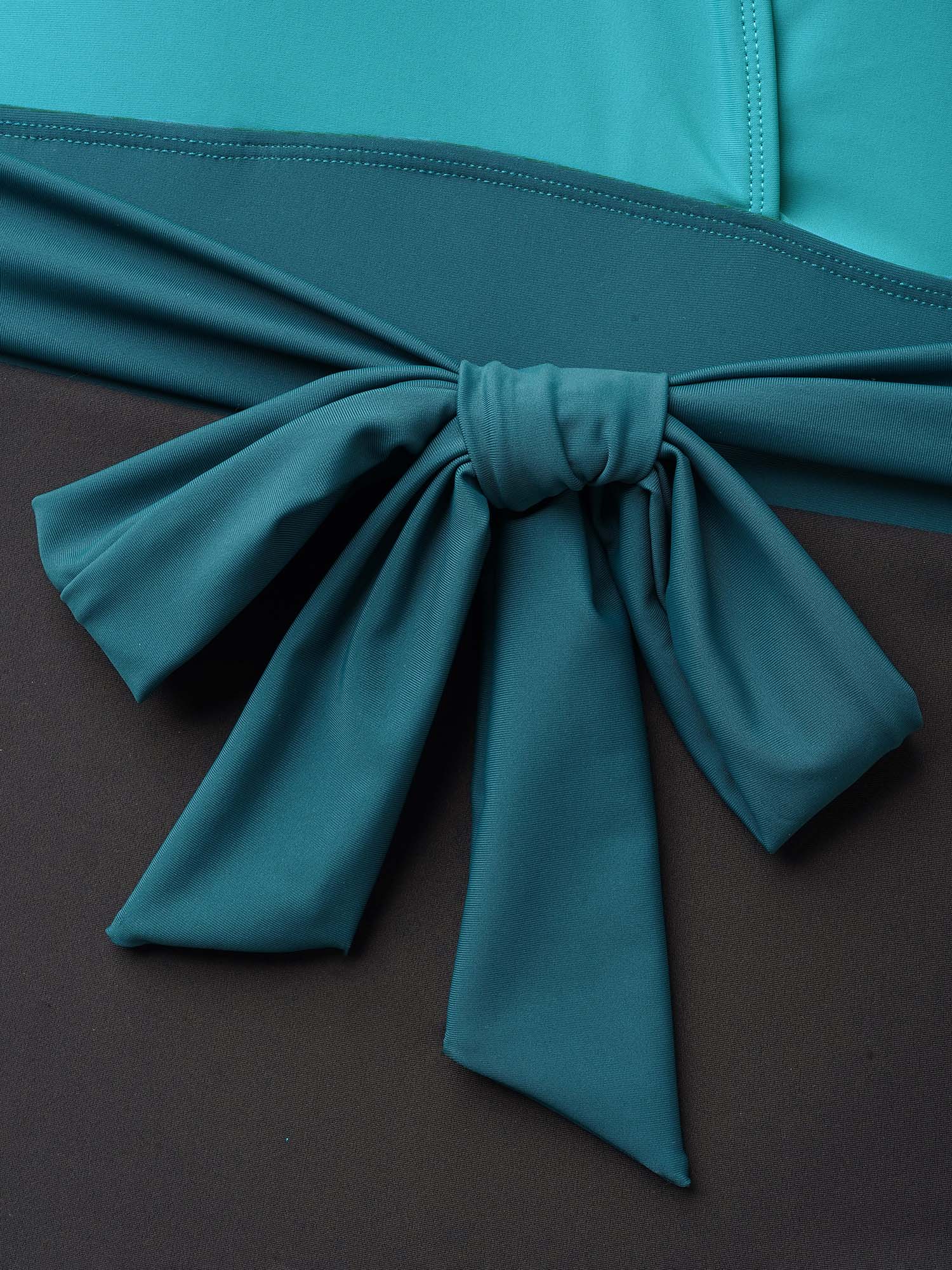 Plus Size Color Block Belted Ruffle Sleeve One-Piece Swimsuit Women`s Swimwear Teal Beach Tie knot Curve Bathing Suits High stretch One Pieces BloomChic 12/L 