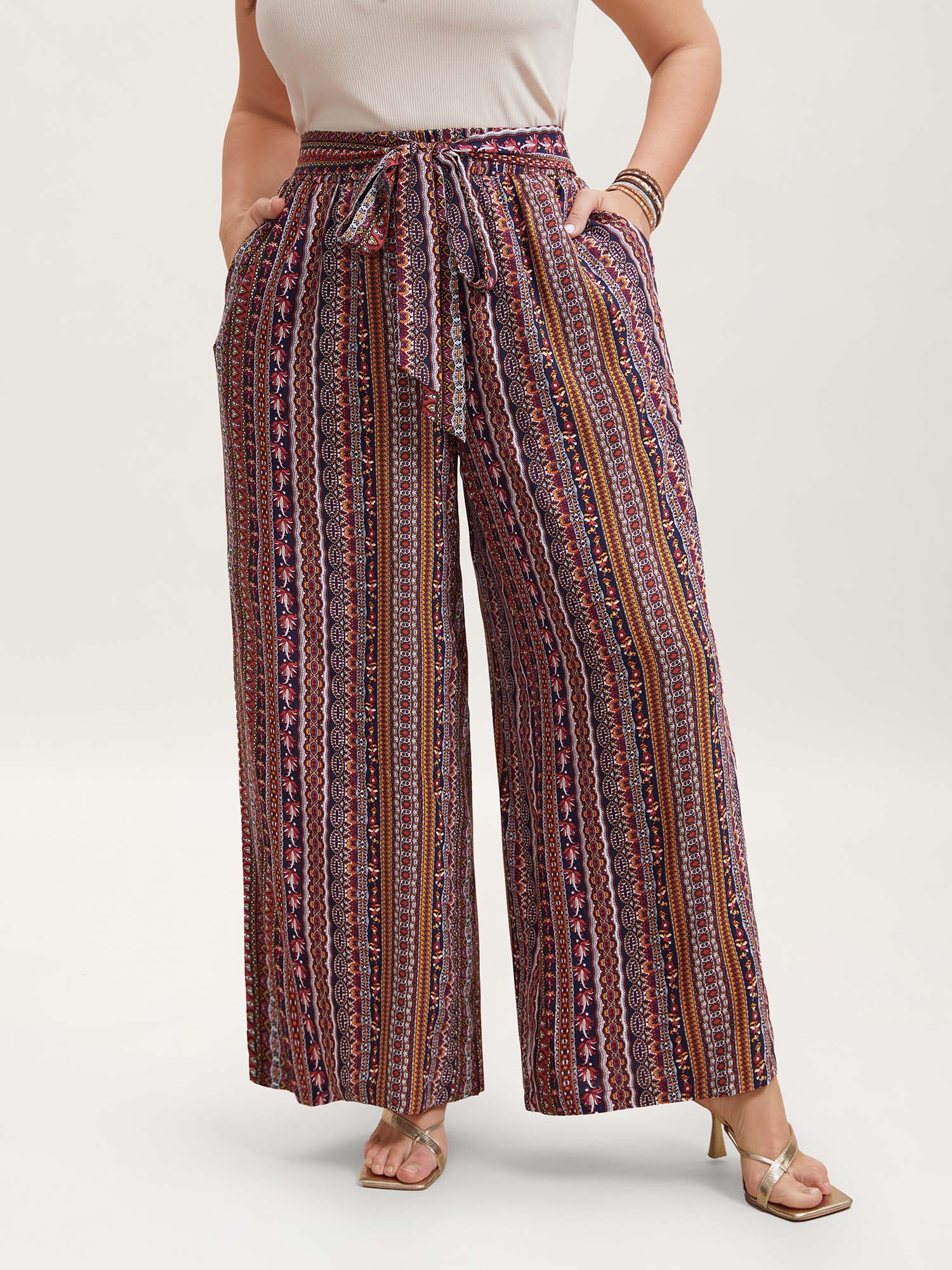 

Plus Size Boho Print Belted Flared Pants Women Multicolor Resort Wide Leg Mid Rise Vacation Pants BloomChic