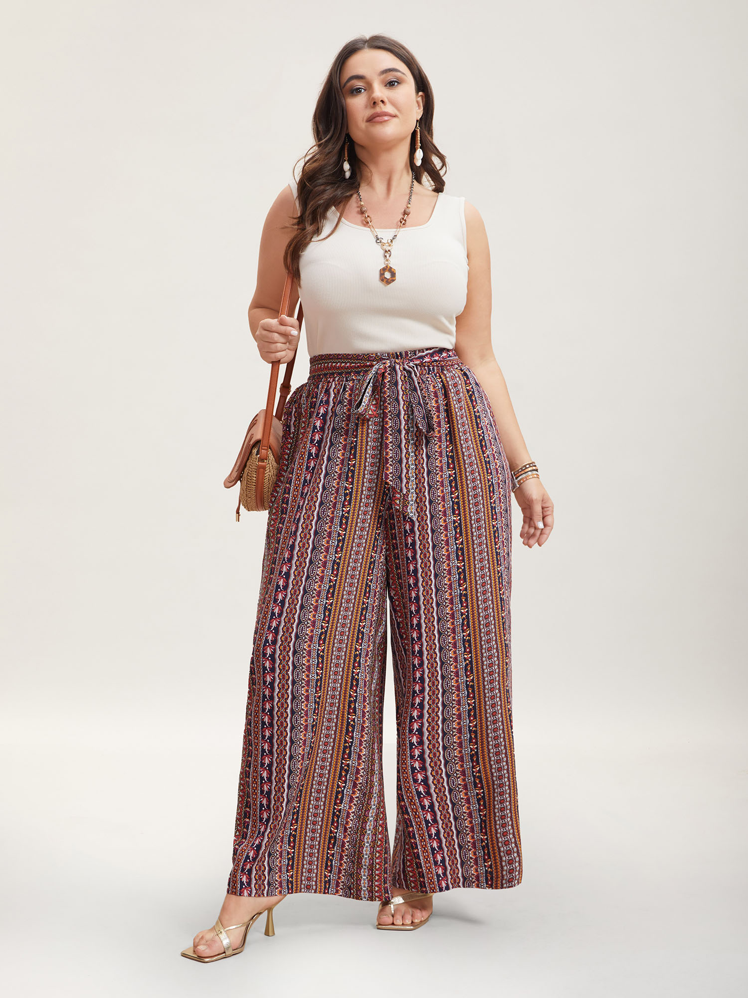 Plus Size Boho Print Belted Flared Pants Women Multicolor Resort Wide Leg Mid Rise Vacation Pants BloomChic 28/5X 