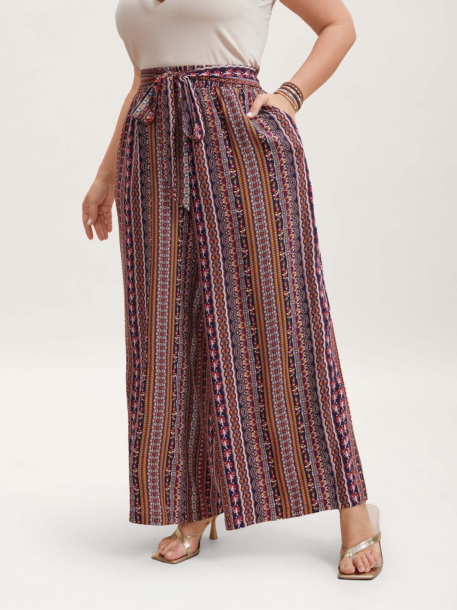 Plus Size Boho Print Belted Flared Pants Women Multicolor Resort Wide Leg Mid Rise Vacation Pants BloomChic 28/5X 