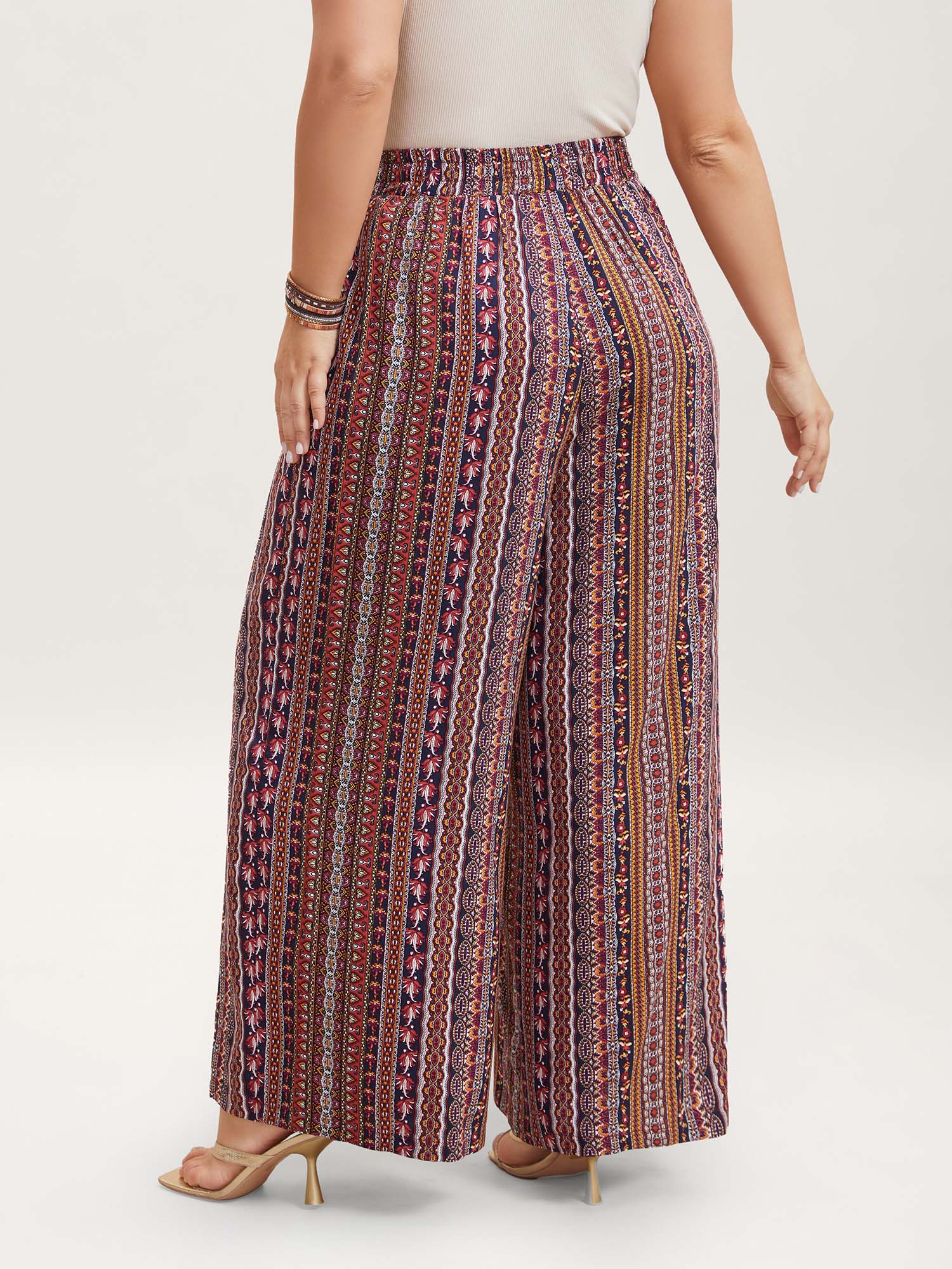 Plus Size Boho Print Belted Flared Pants Women Multicolor Resort Wide Leg Mid Rise Vacation Pants BloomChic 28/5X 