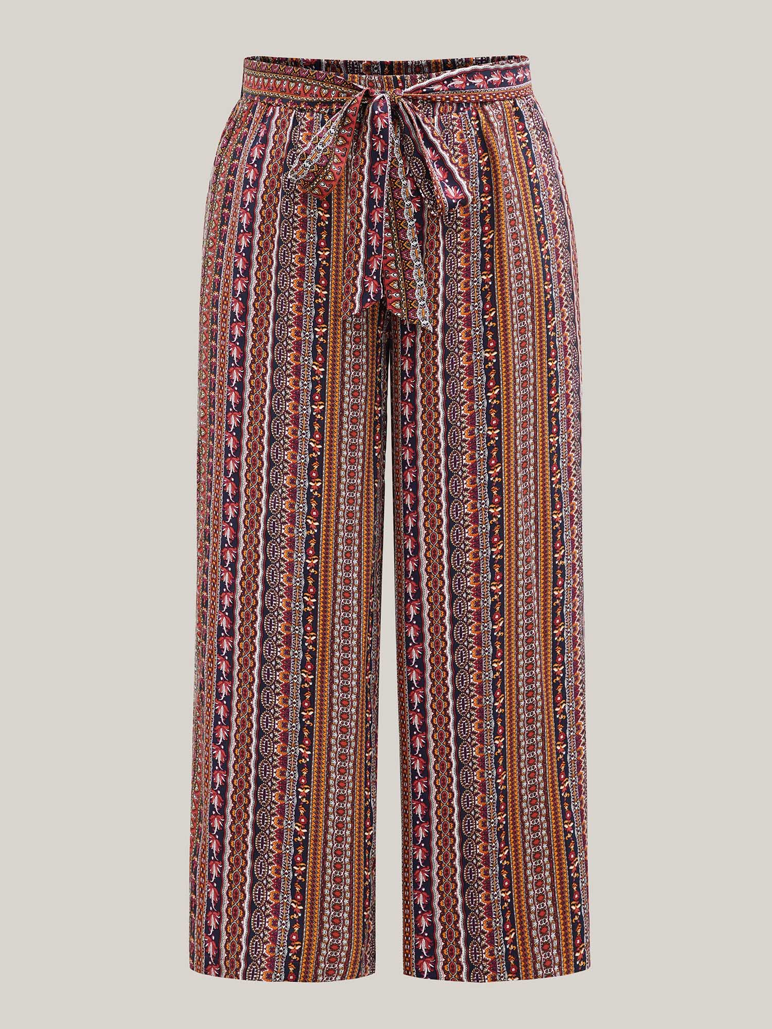 Plus Size Boho Print Belted Flared Pants Women Multicolor Resort Wide Leg Mid Rise Vacation Pants BloomChic 28/5X 