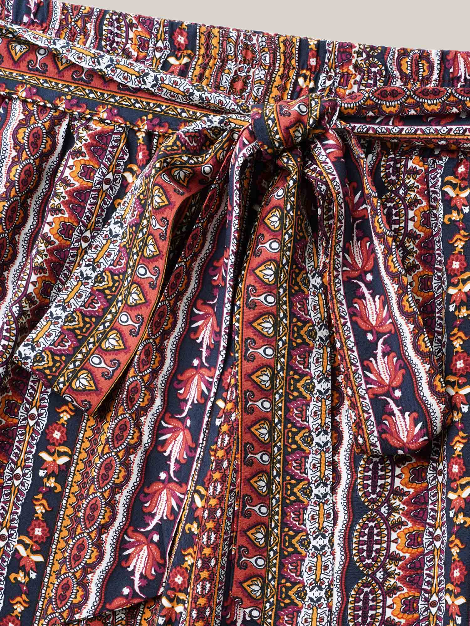 Plus Size Boho Print Belted Flared Pants Women Multicolor Resort Wide Leg Mid Rise Vacation Pants BloomChic 28/5X 