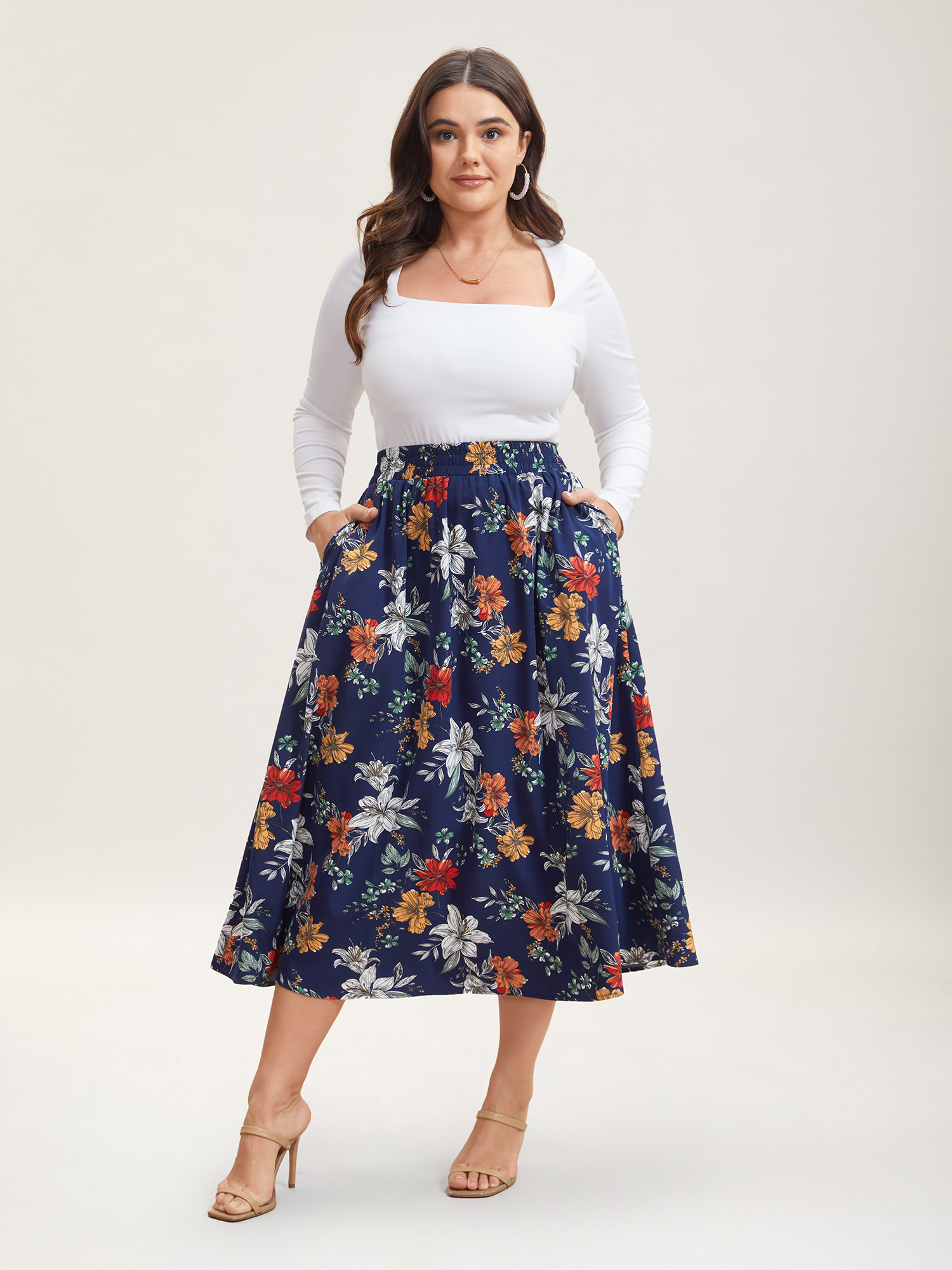 

Plus Size Floral Print Drawstring Pleated Midi Skirt Women DarkBlue Elegant Bodycon Low stretch Slanted pocket Everyday Skirts BloomChic