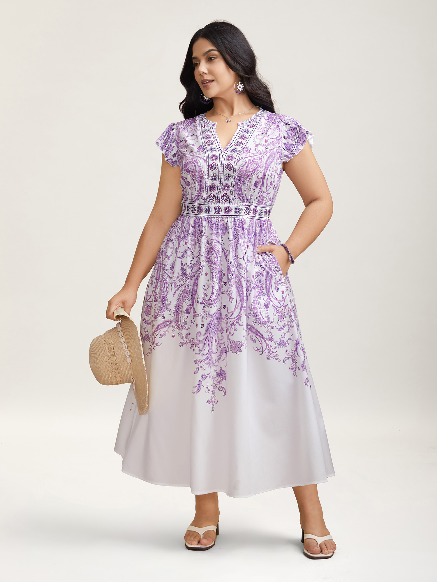 

Plus Size Paisley Print Notched Collar Ruffled Midi Dress Mauve Women Resort Ruffles Flat collar with V-notch Short sleeve Curvy BloomChic