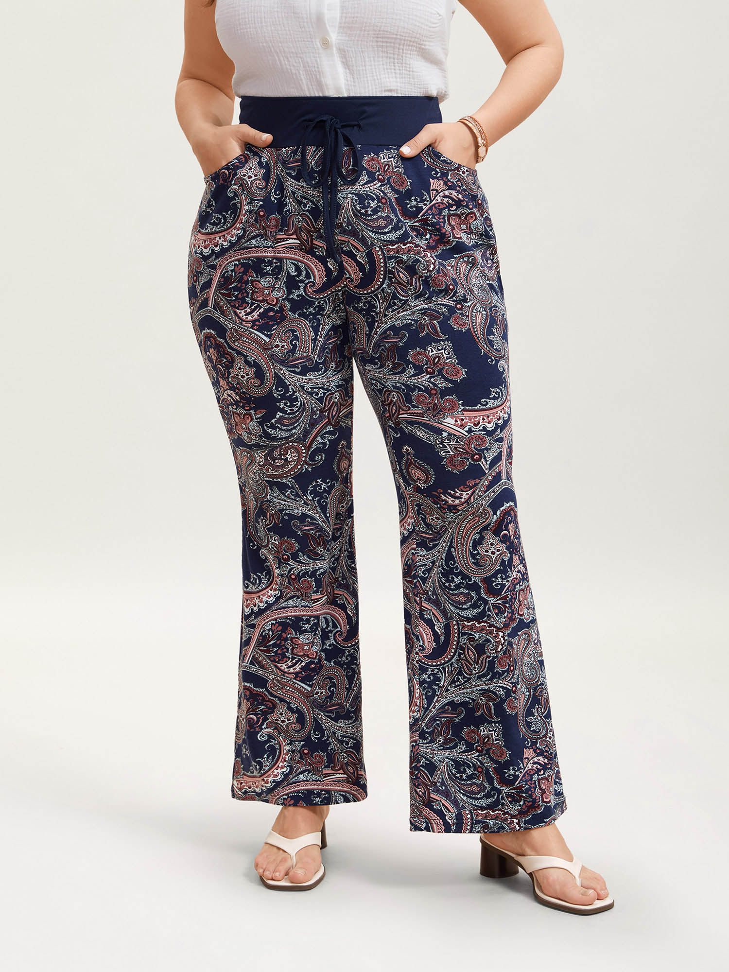 

Plus Size Color Block Paisley Print Drawstring Pants Women Indigo Resort Bootcut Mid Rise Vacation Pants BloomChic