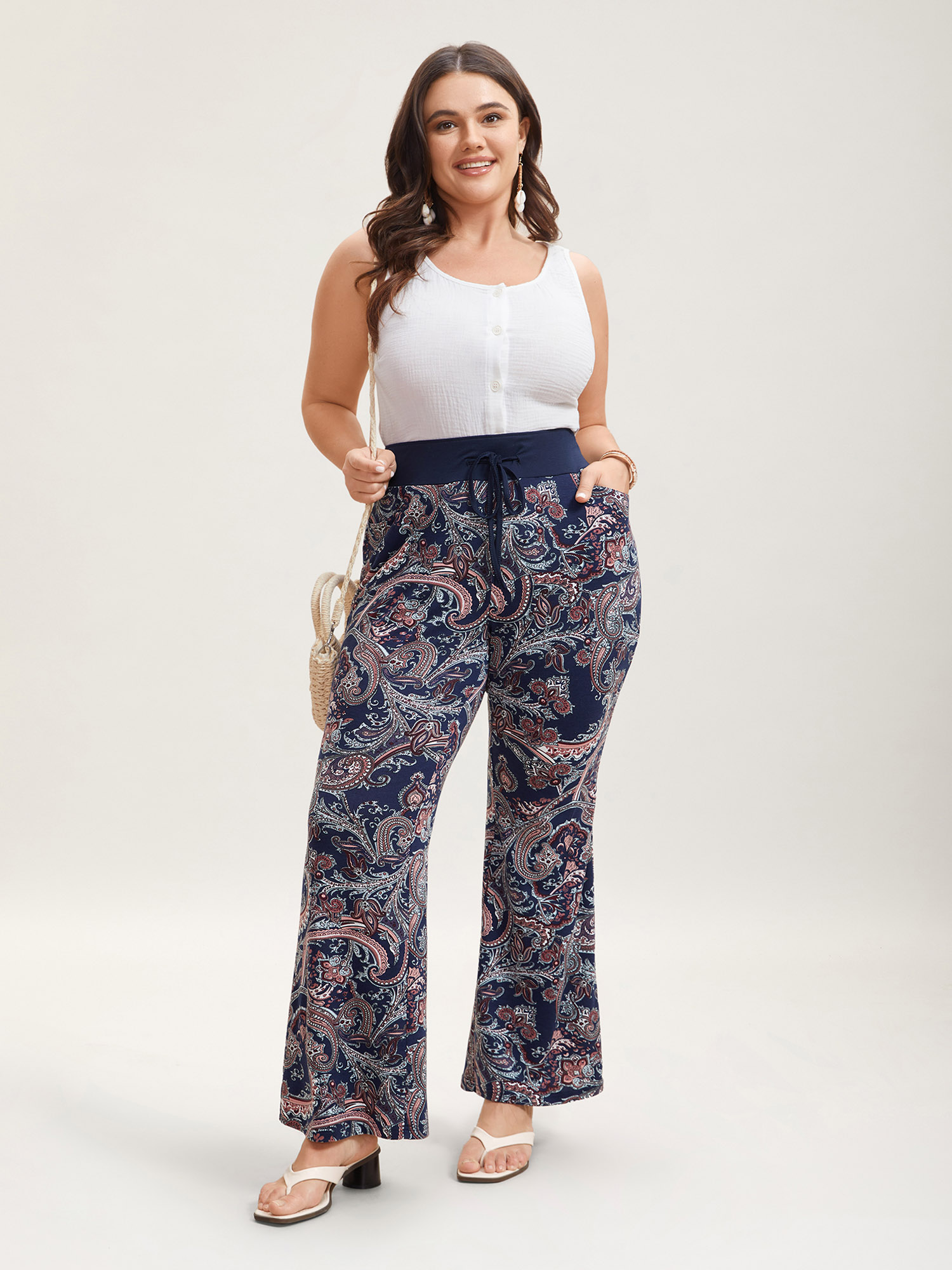 Plus Size Color Block Paisley Print Drawstring Pants Women Indigo Resort Bootcut Mid Rise Vacation Pants BloomChic 26/4X 