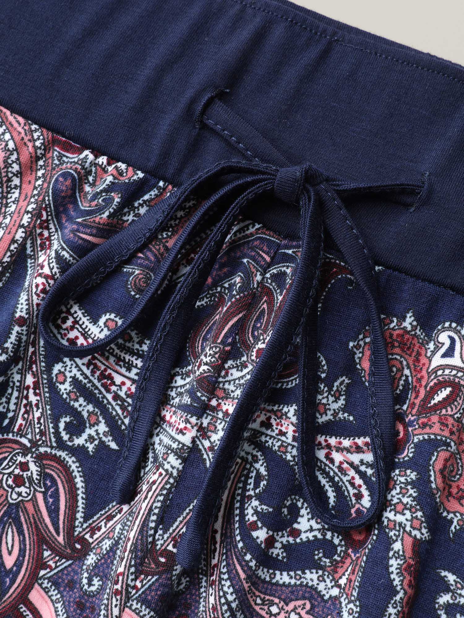 Plus Size Color Block Paisley Print Drawstring Pants Women Indigo Resort Bootcut Mid Rise Vacation Pants BloomChic 26/4X 
