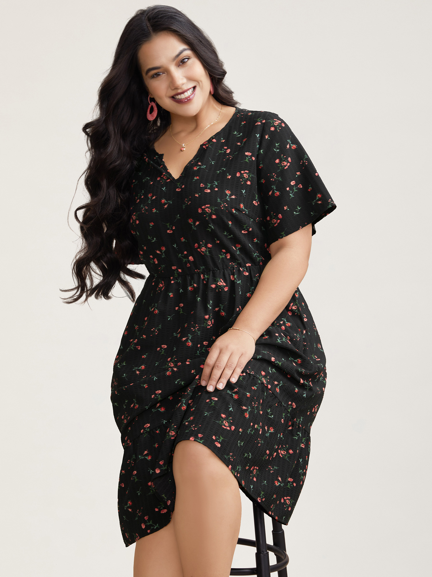 

Plus Size Floral Flared Sleeve Tiered Midi Dress Black Women Elegant Texture Notched collar Short sleeve Curvy BloomChic