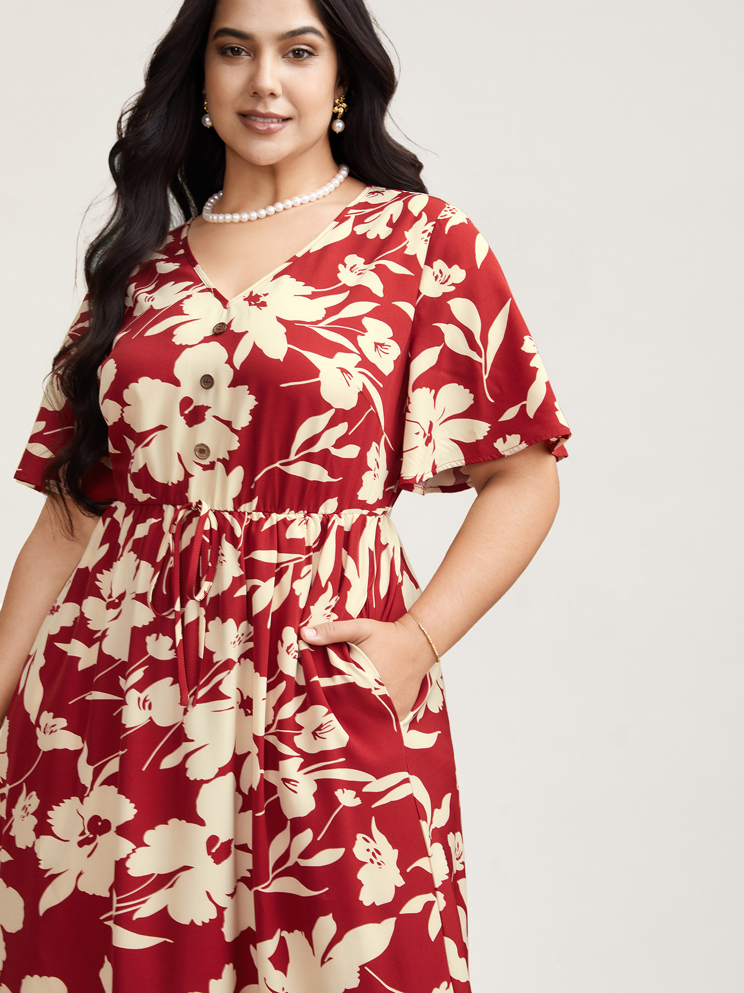 

Plus Size Flirty Floral Print Tied Tiered Maxi Dress Russet Women Elegant Tie knot V-neck Half Sleeve Curvy BloomChic