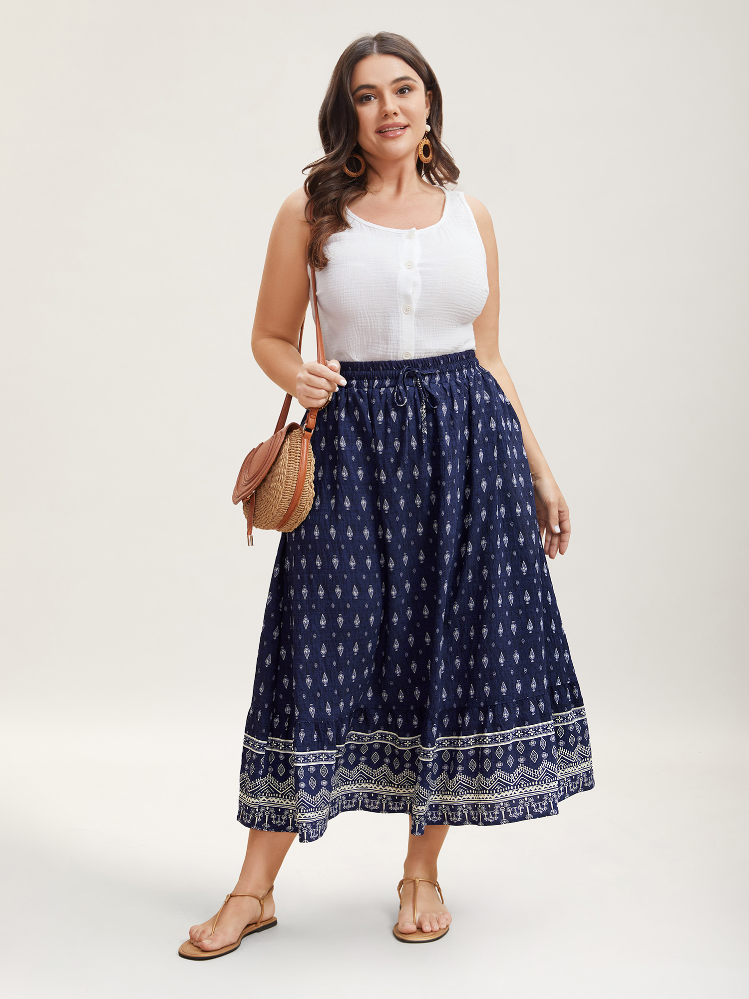 Plus Size Boho Print Pleated Drawstring Midi Skirt Women Indigo Resort Drawstring No stretch Slanted pocket Vacation Skirts BloomChic 14-16/1X 
