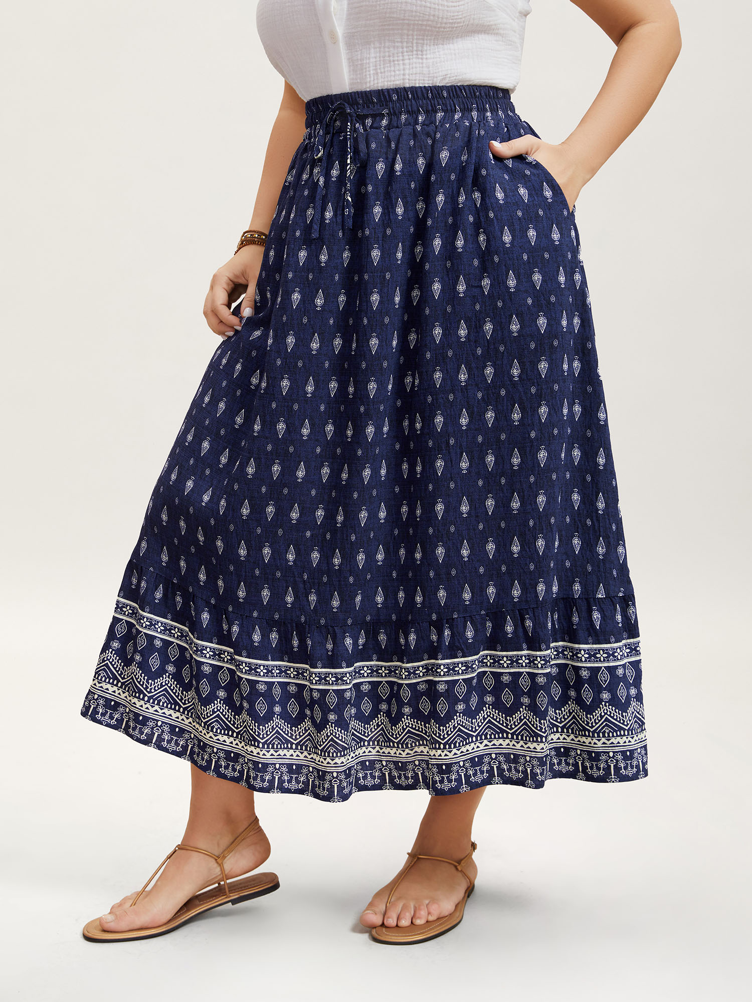 Plus Size Boho Print Pleated Drawstring Midi Skirt Women Indigo Resort Drawstring No stretch Slanted pocket Vacation Skirts BloomChic 14-16/1X 