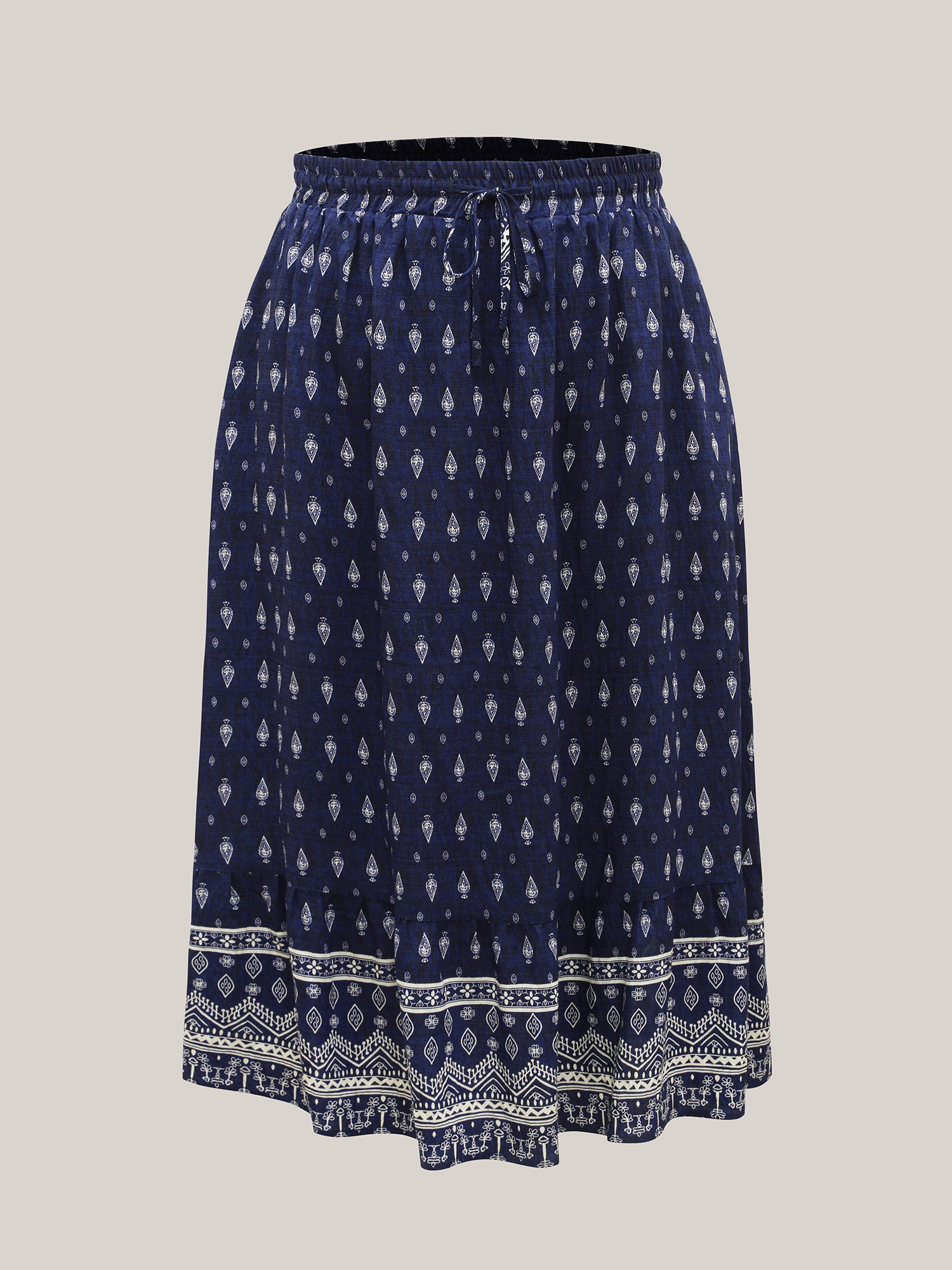 Plus Size Boho Print Pleated Drawstring Midi Skirt Women Indigo Resort Drawstring No stretch Slanted pocket Vacation Skirts BloomChic 14-16/1X 