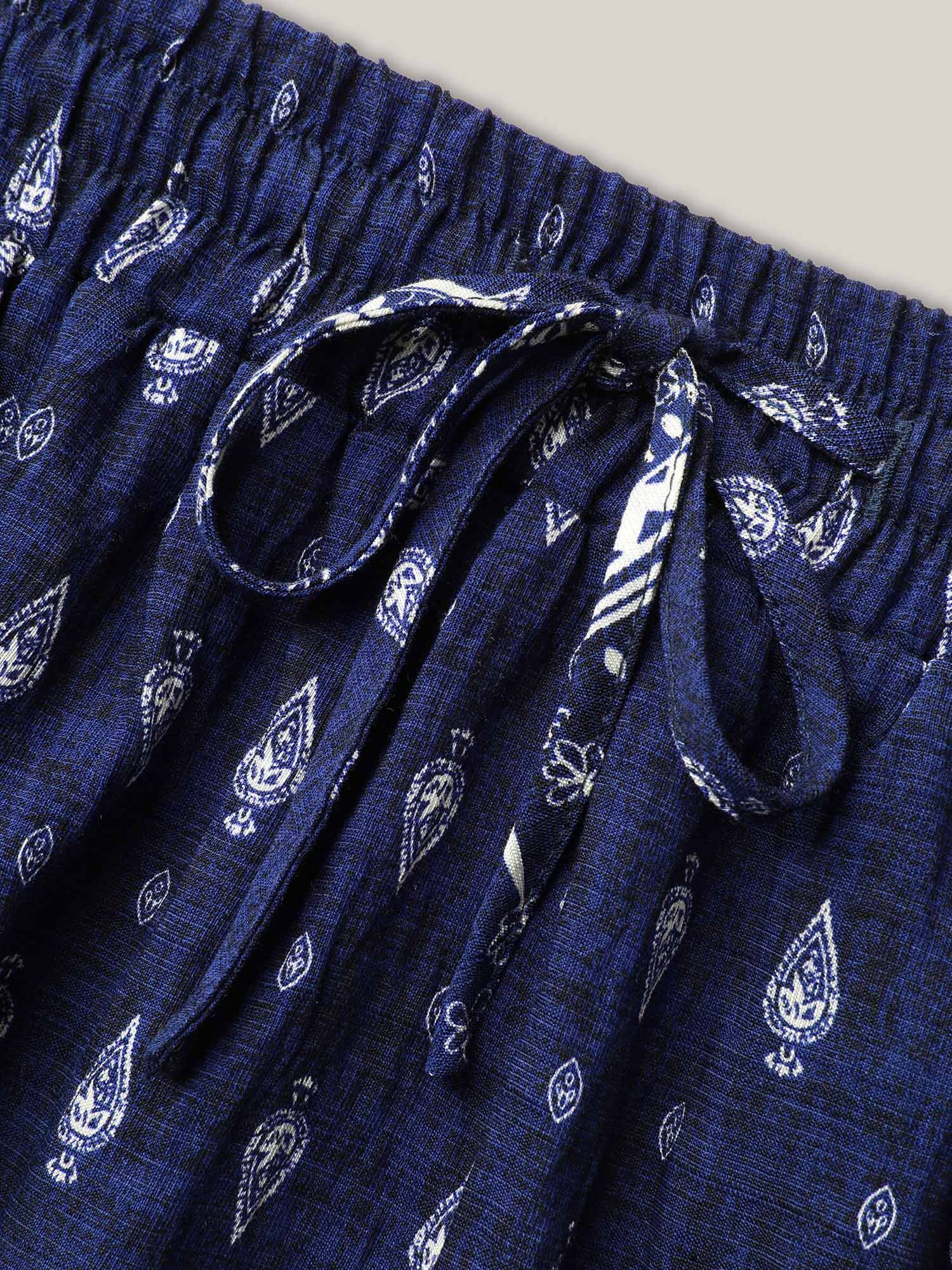 Plus Size Boho Print Pleated Drawstring Midi Skirt Women Indigo Resort Drawstring No stretch Slanted pocket Vacation Skirts BloomChic 14-16/1X 
