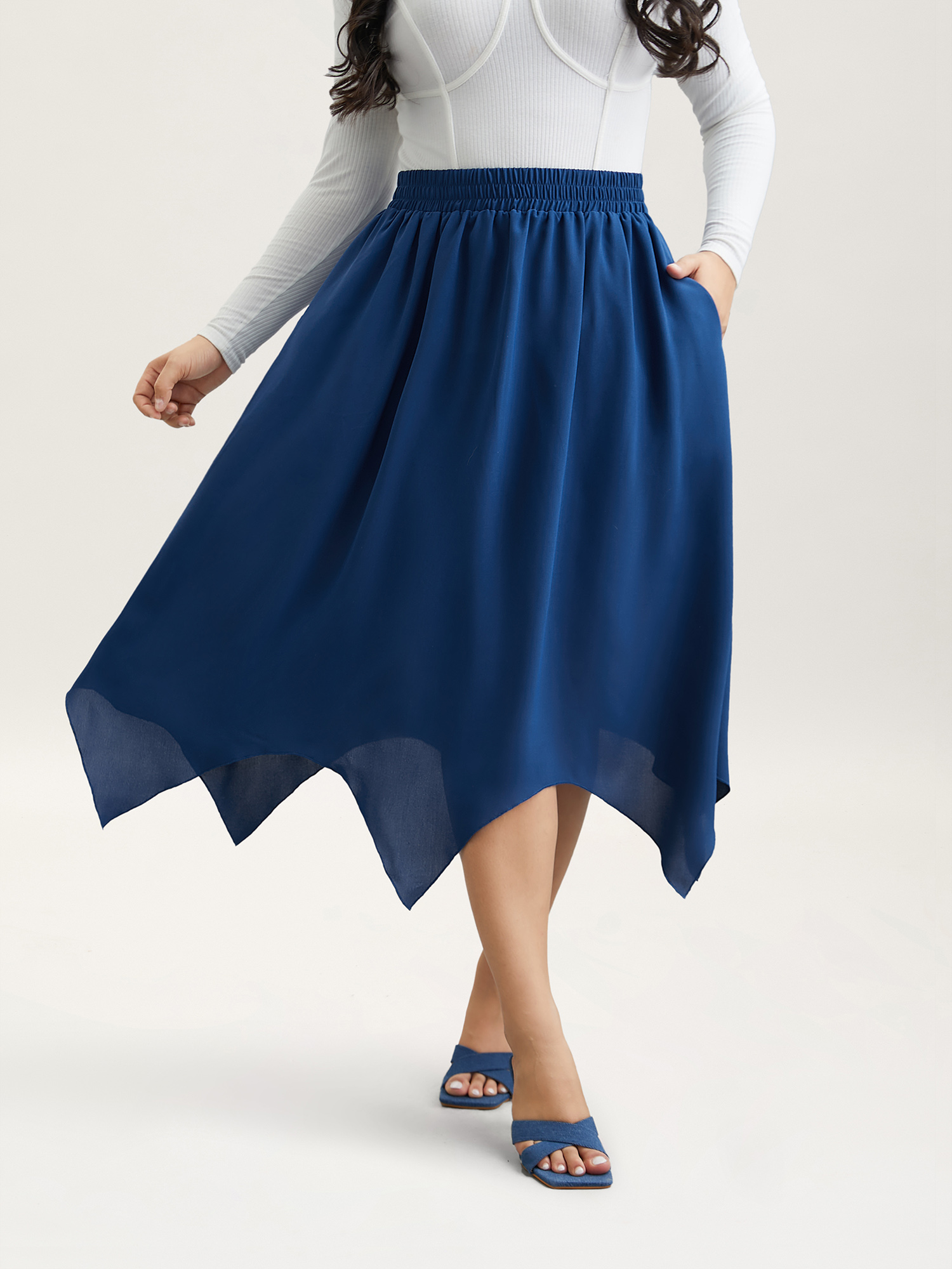 

Plus Size Asymmetrical Hem Stretchy-Waist Plain Midi Skirt Women Mediumblue Elegant Asymmetrical No stretch Side seam pocket Everyday Skirts BloomChic