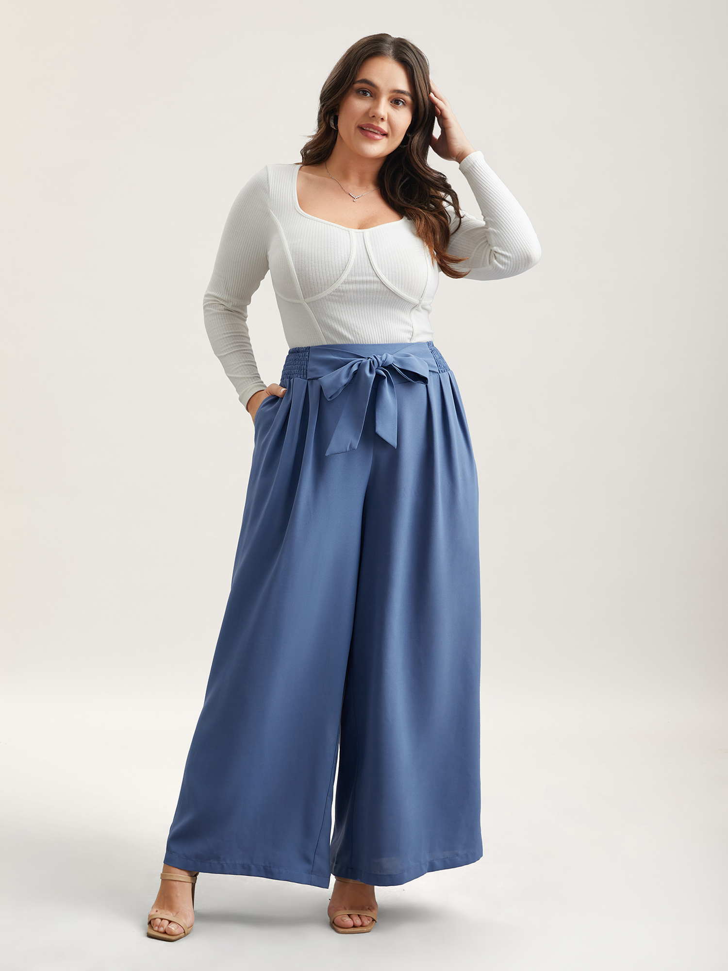 Plus Size Smocked Waist-Tie Flared Pants Women Mediumblue Elegant Wide Leg Mid Rise Everyday Pants BloomChic 10/M 