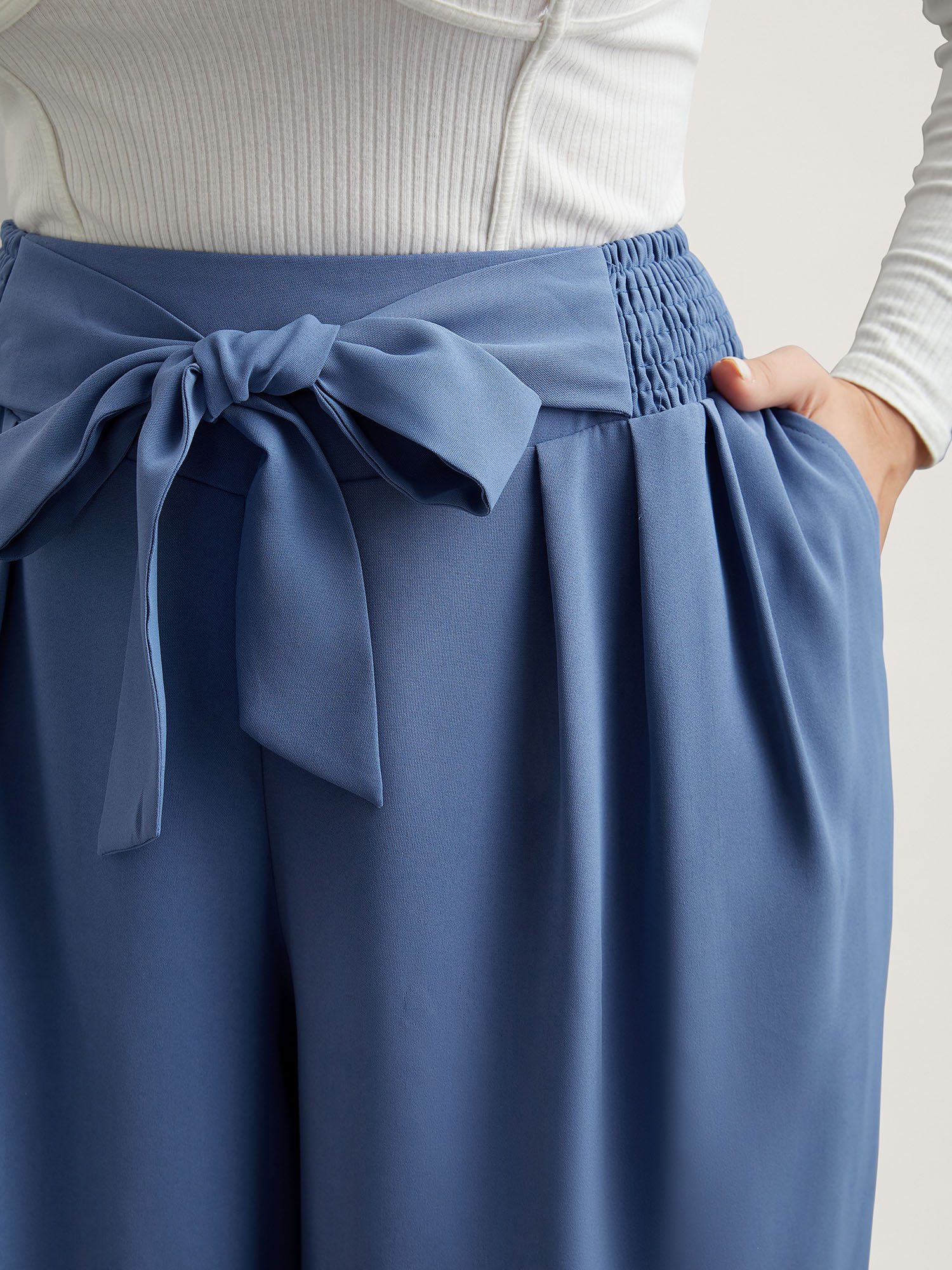 Plus Size Smocked Waist-Tie Flared Pants Women Mediumblue Elegant Wide Leg Mid Rise Everyday Pants BloomChic 10/M 