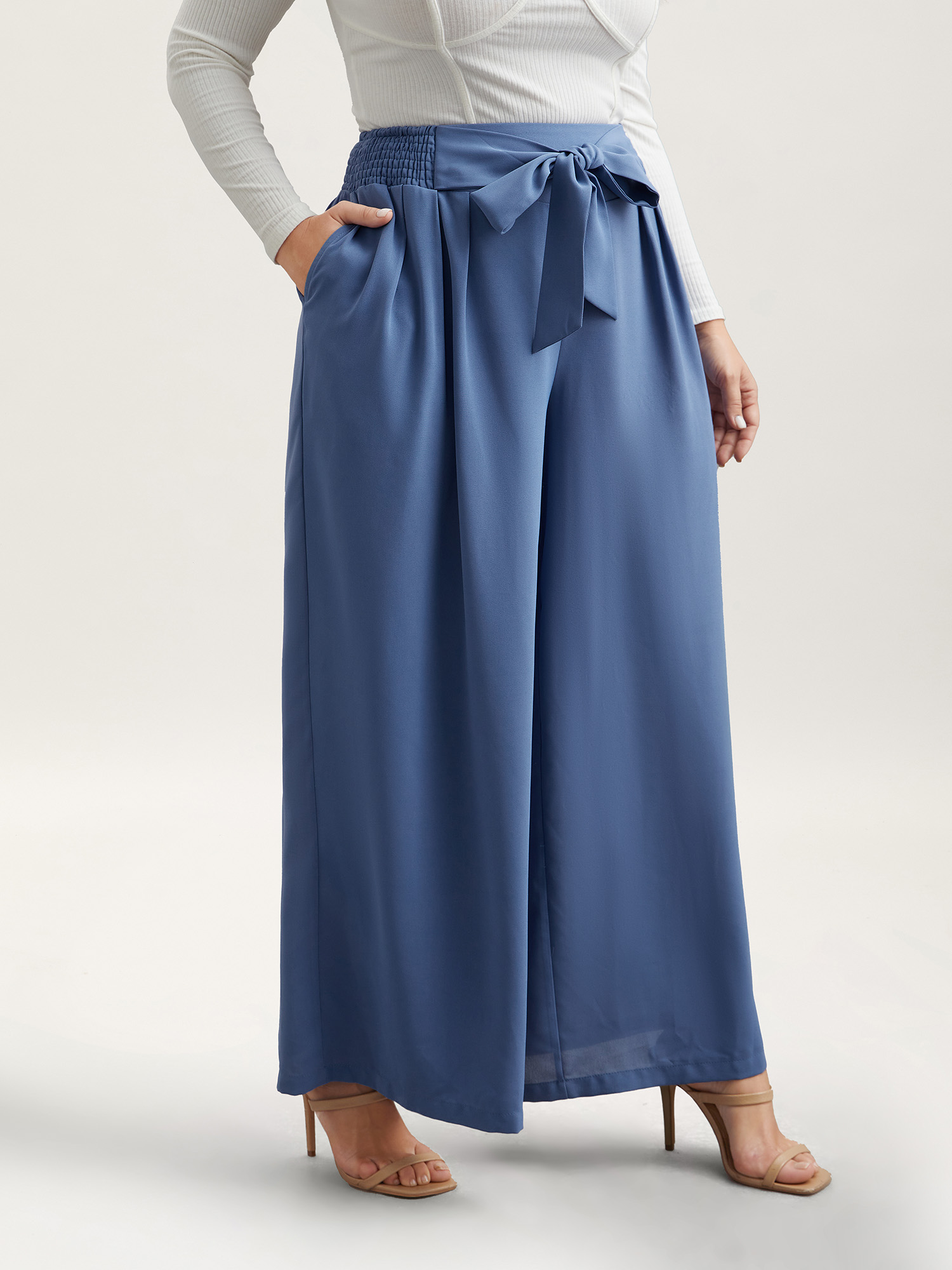 Plus Size Smocked Waist-Tie Flared Pants Women Mediumblue Elegant Wide Leg Mid Rise Everyday Pants BloomChic 10/M 