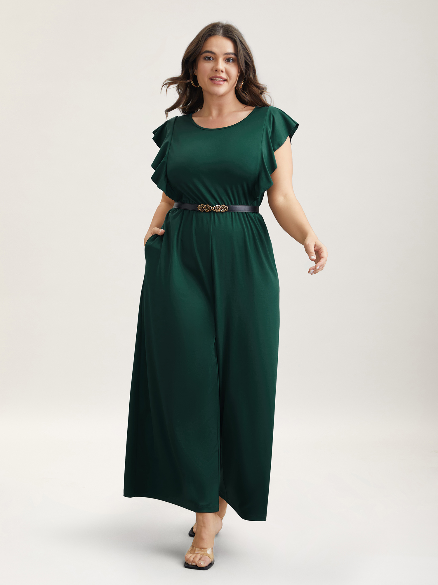 

Plus Size DarkGreen Flutter Sleeve Waist Cinched Flared Jumpsuit Women Elegant Cap Sleeve Round Neck Everyday Loose Jumpsuits BloomChic