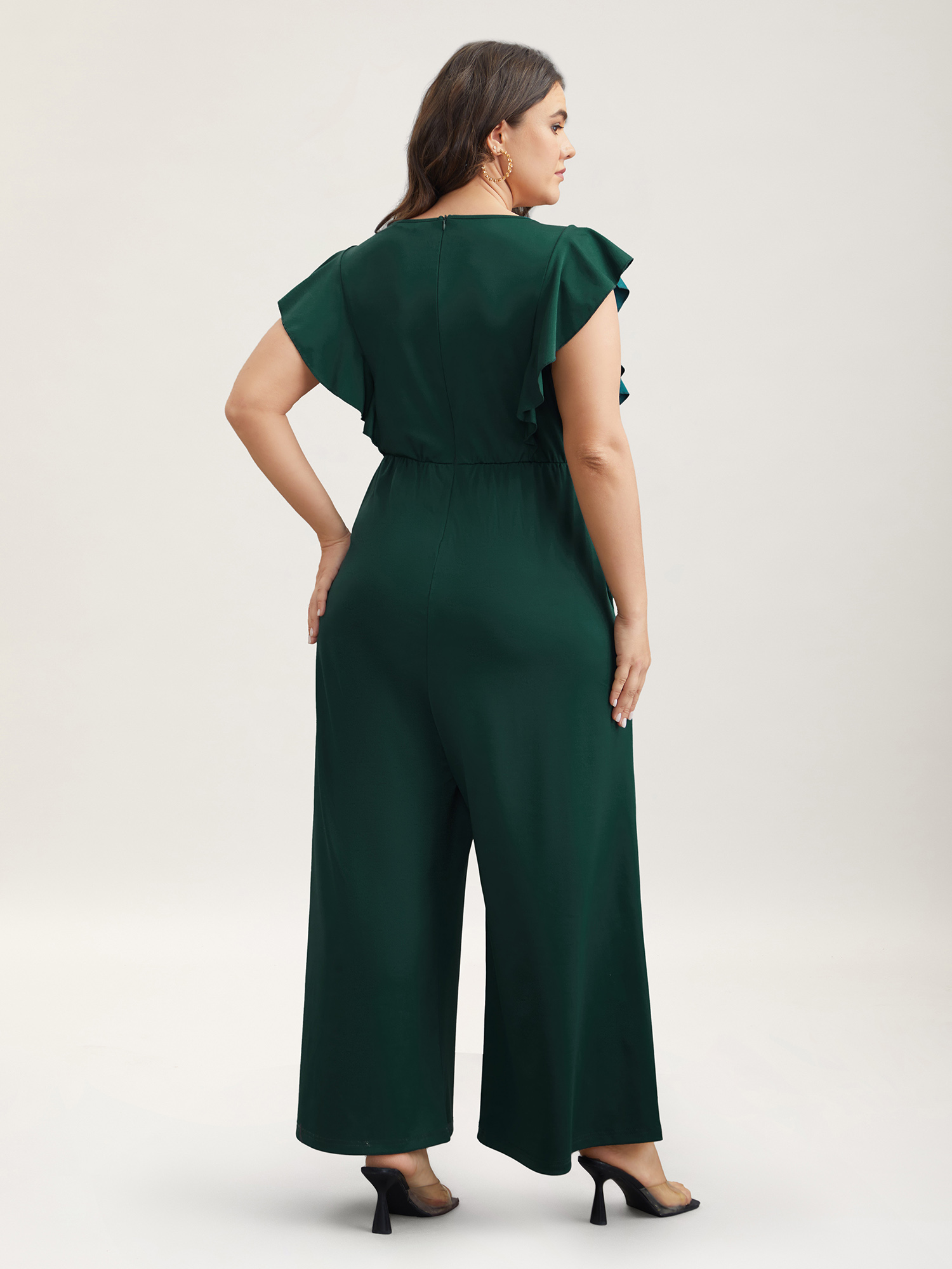 

Plus Size DarkGreen Flutter Sleeve Waist Cinched Flared Jumpsuit Women Elegant Cap Sleeve Round Neck Everyday-Elegant Loose Jumpsuits BloomChic