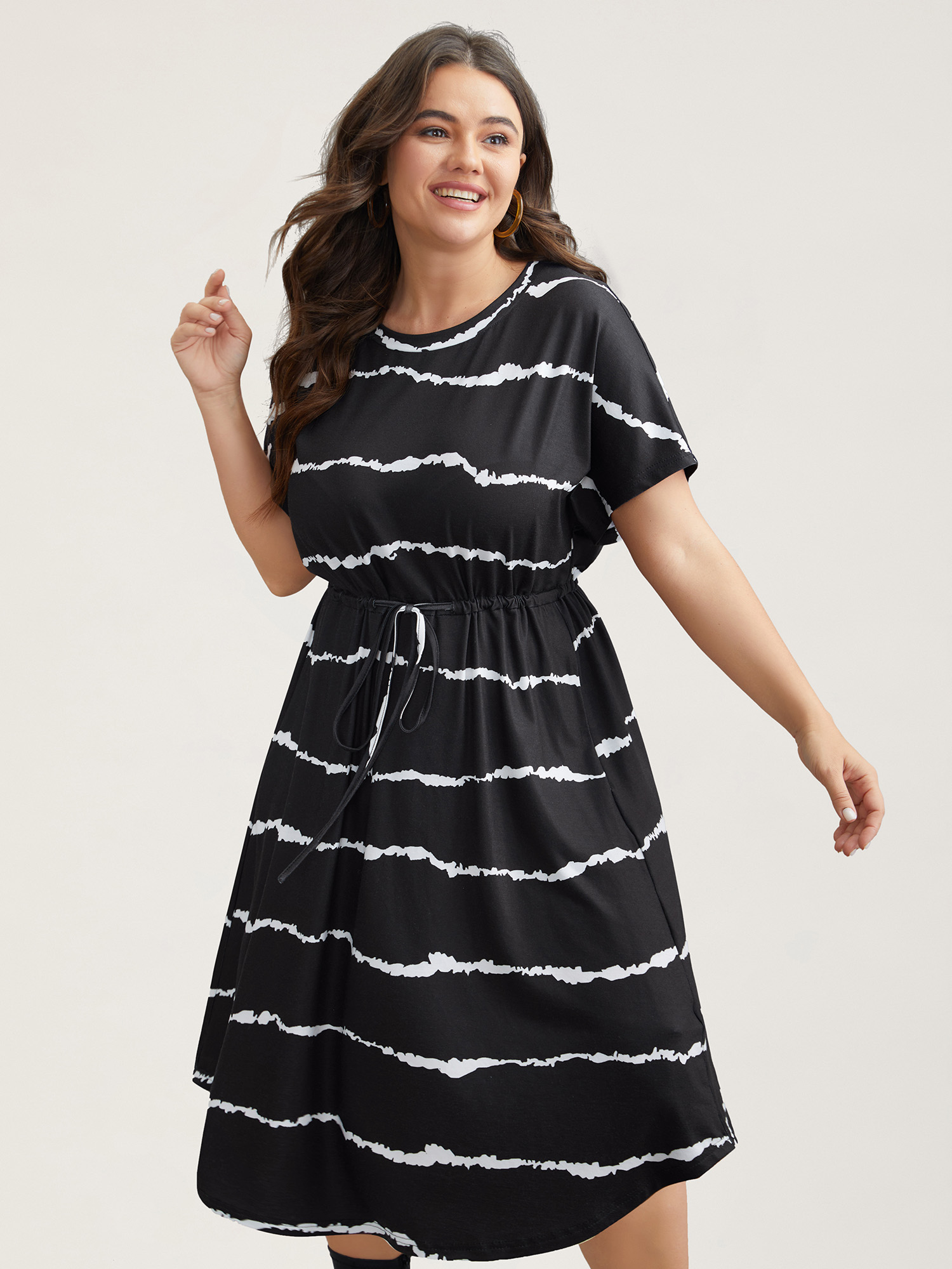 

Plus Size Striped Waist-Tie Dolman Sleeve Midi Dress Black Women Casual Drawstring Knit Dresses Bloomchic