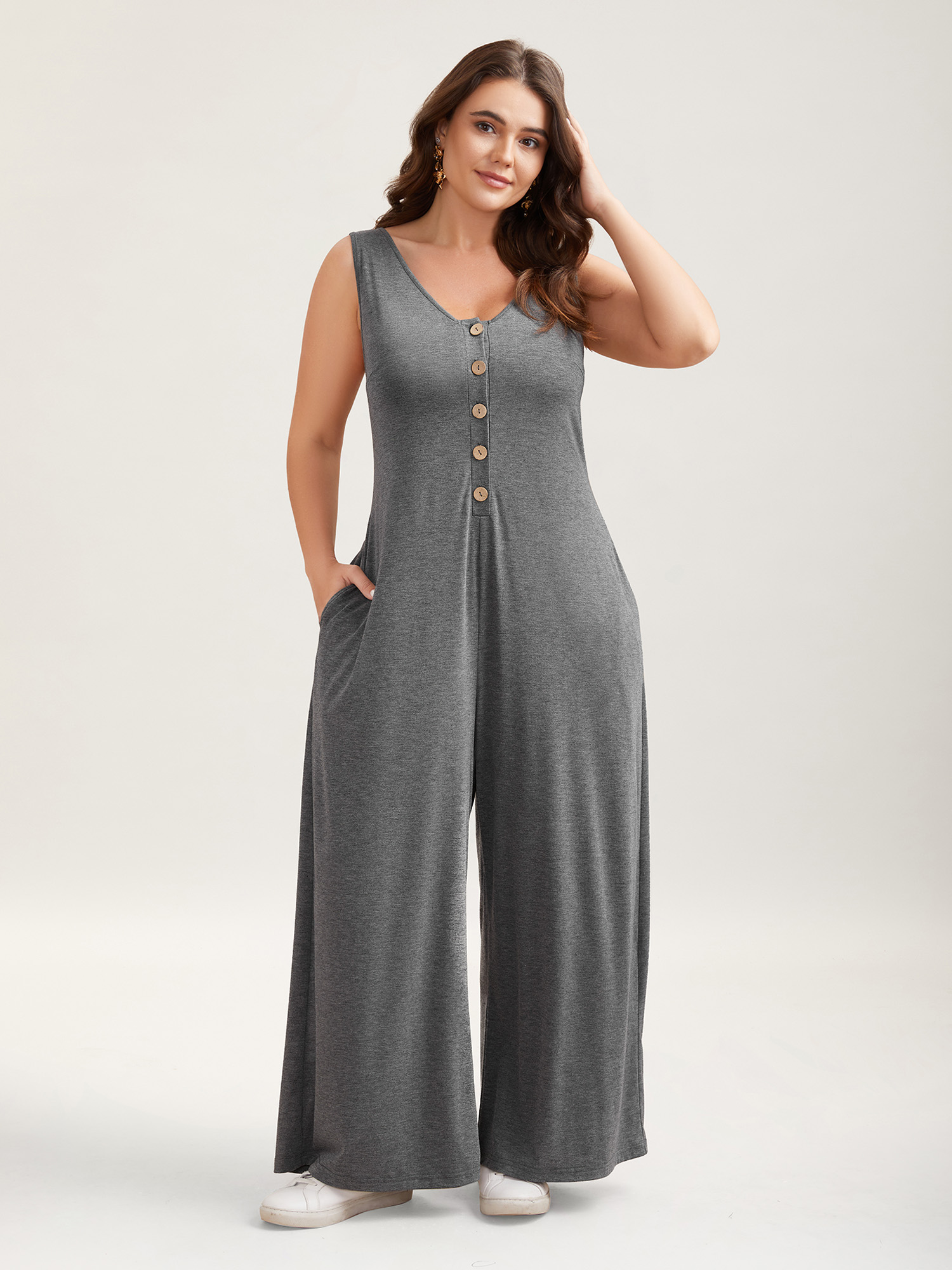Plus Size DimGray Button-Front Lightweight Wide-Leg Jumpsuit Women Casual Sleeveless V-neck Everyday Loose Jumpsuits BloomChic 18-20/2X 
