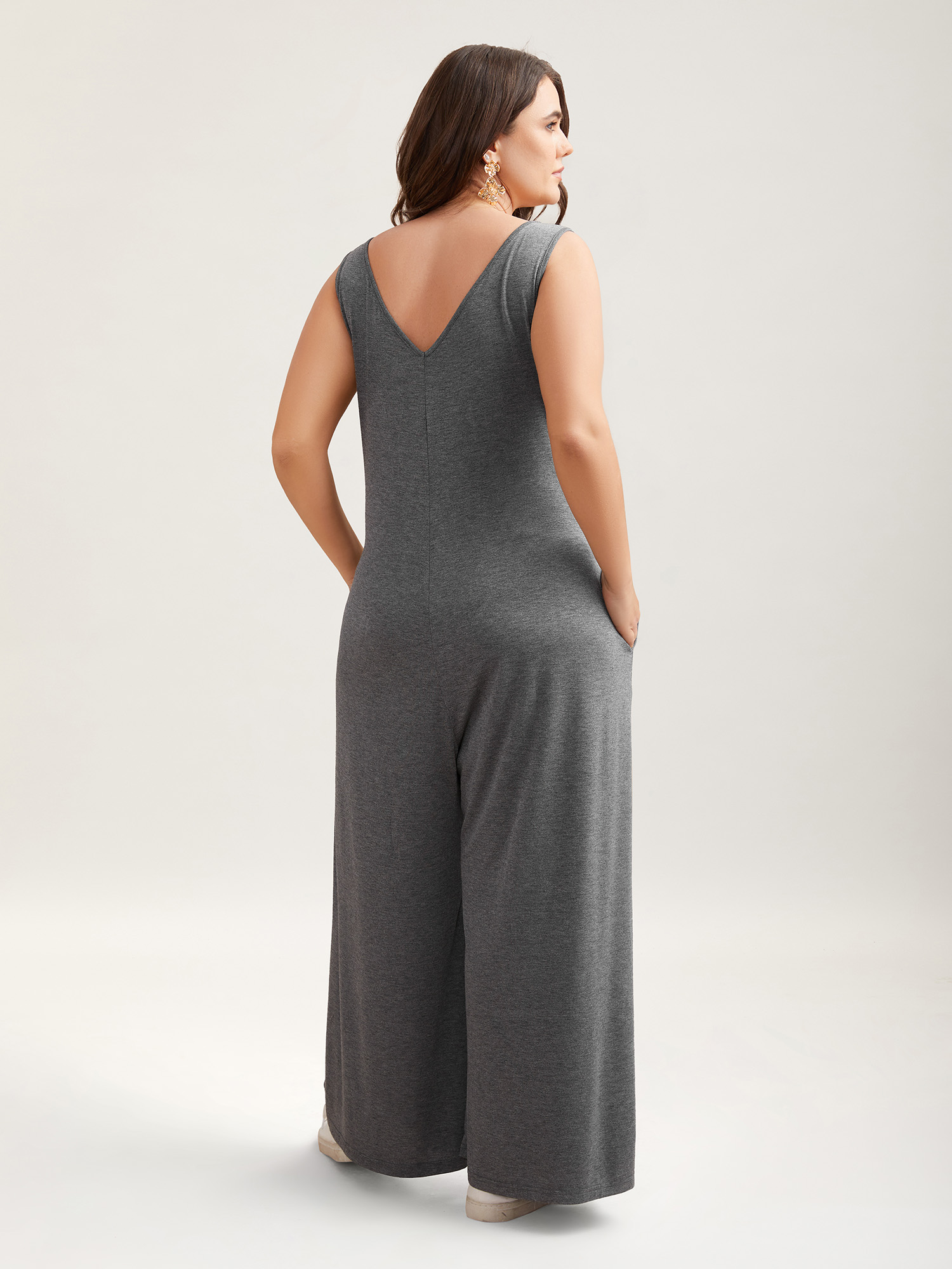 Plus Size DimGray Button-Front Lightweight Wide-Leg Jumpsuit Women Casual Sleeveless V-neck Everyday Loose Jumpsuits BloomChic 18-20/2X 