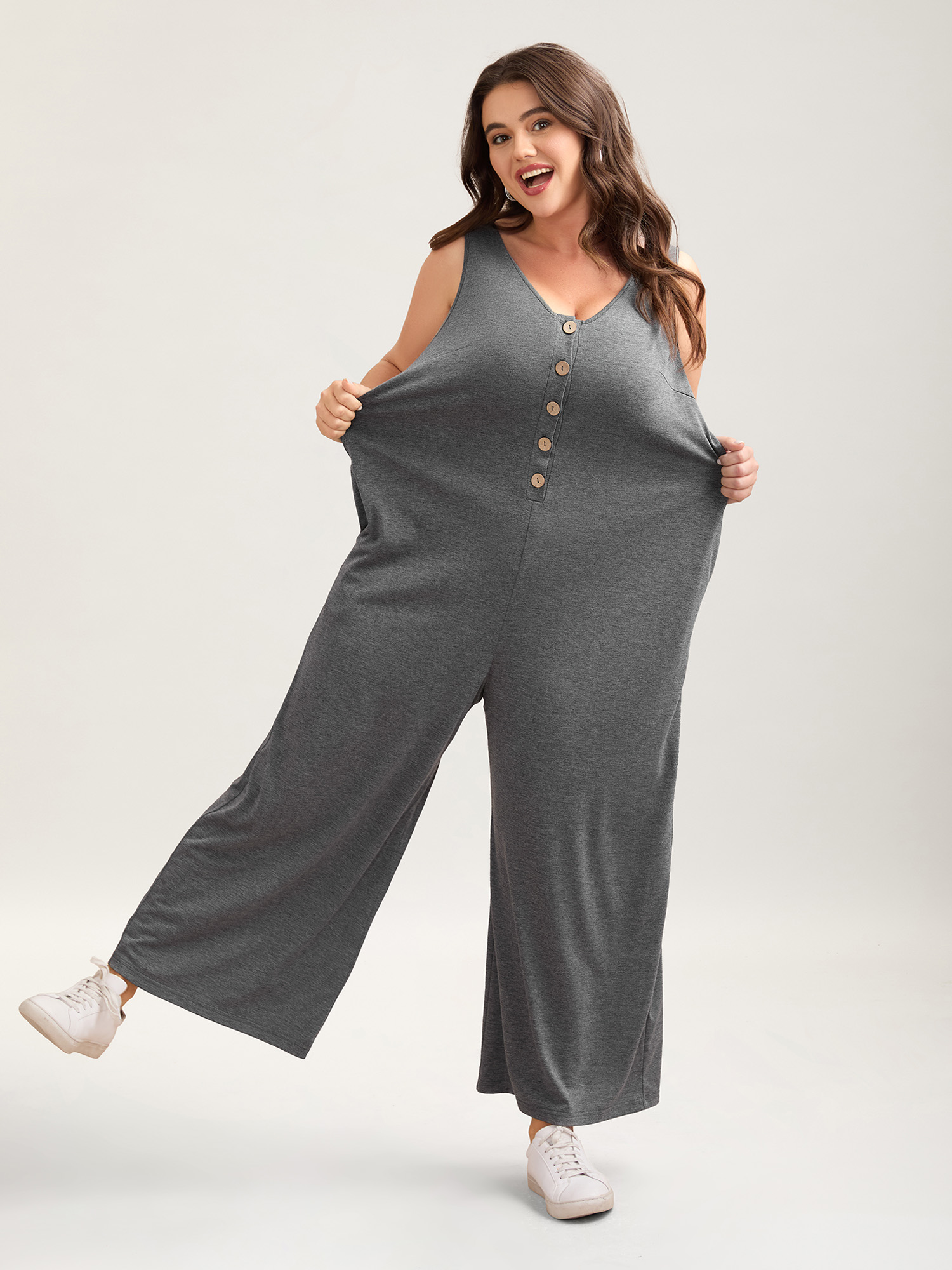 Plus Size DimGray Button-Front Lightweight Wide-Leg Jumpsuit Women Casual Sleeveless V-neck Everyday Loose Jumpsuits BloomChic 18-20/2X 