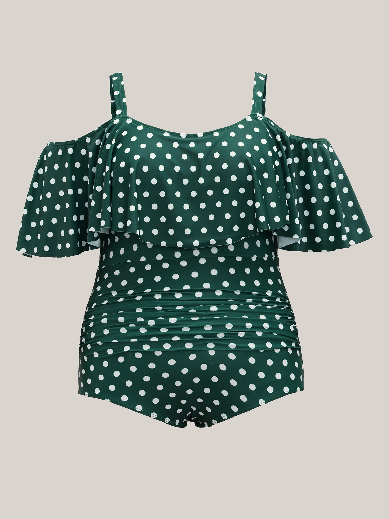 Plus Size Cold-Shoulder Polka Dot Ruffle One-Piece Swimsuit Women`s Swimwear DarkGreen Beach Gathered Curve Bathing Suits High stretch One Pieces BloomChic 22-24/3X 