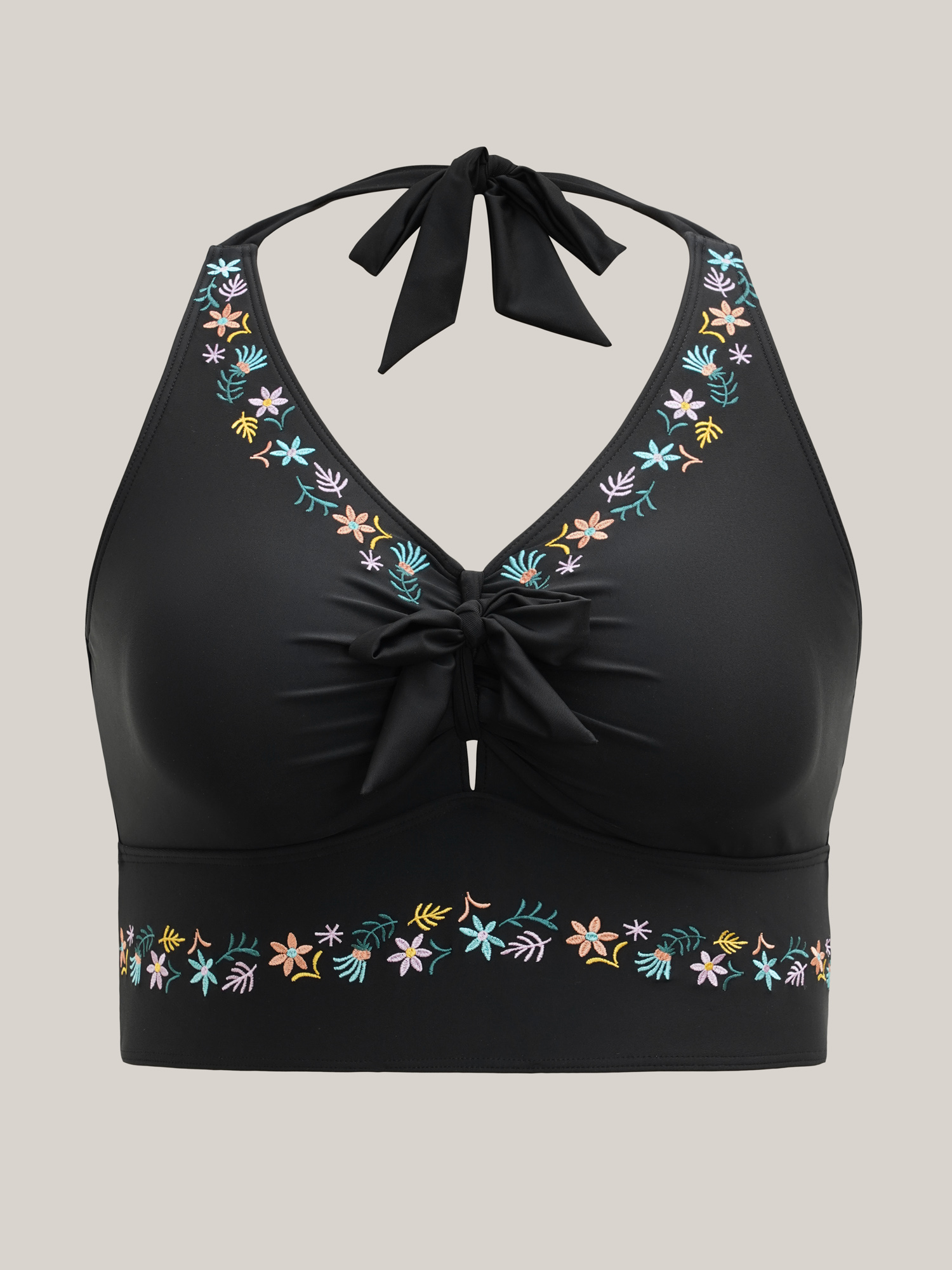 Plus Size Multi-Color Embroidered Lace Tied Swim Top Women`s Swimwear Black Beach Tie knot High stretch Skinny Heart neckline Curve Swim Tops BloomChic 12/L 