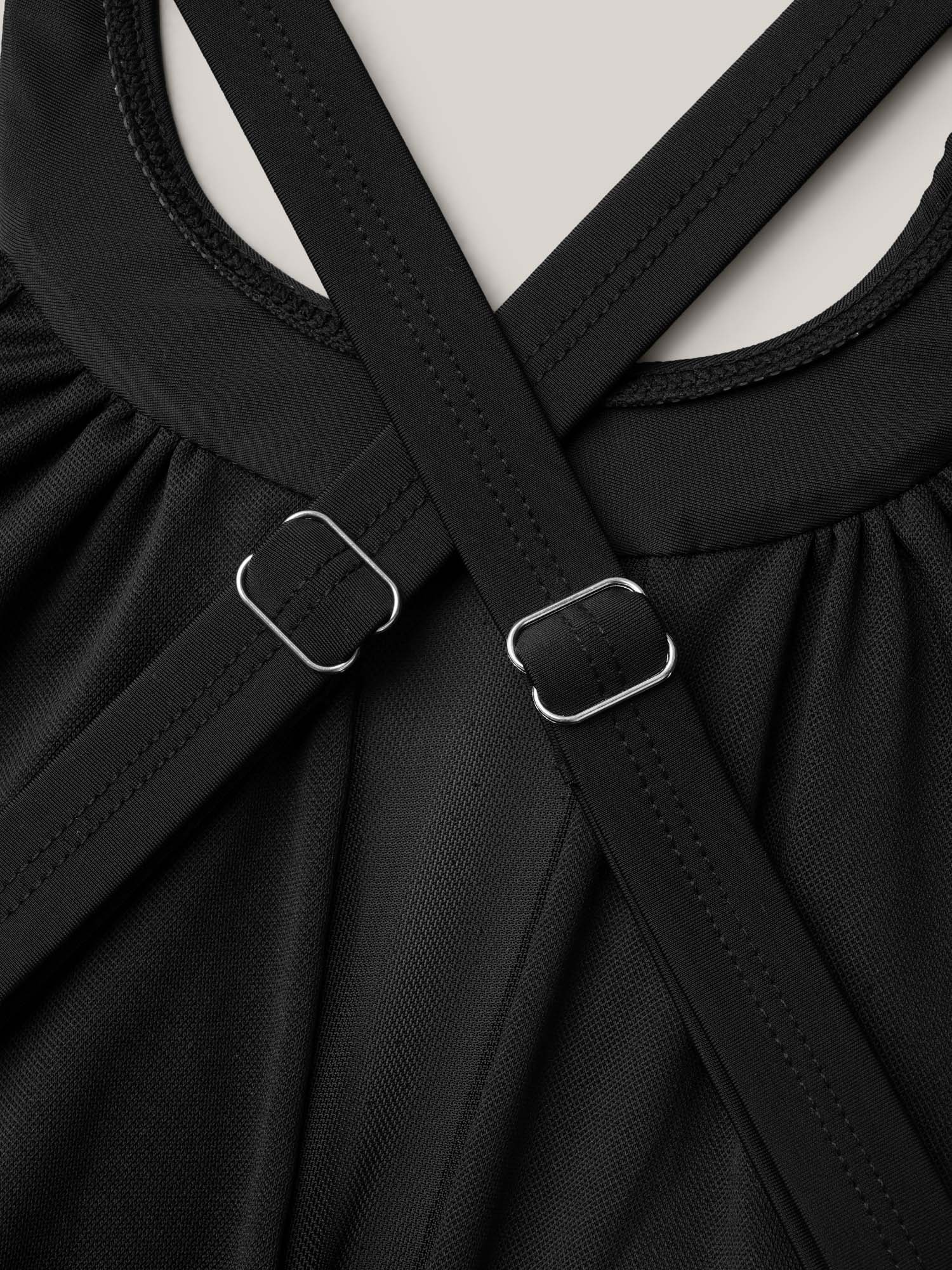 Plus Size Sheer Ruched Adjustable Straps Swim Top Women`s Swimwear Black Beach Gathered High stretch Skinny Round Neck Curve Swim Tops BloomChic 22-24/3X 