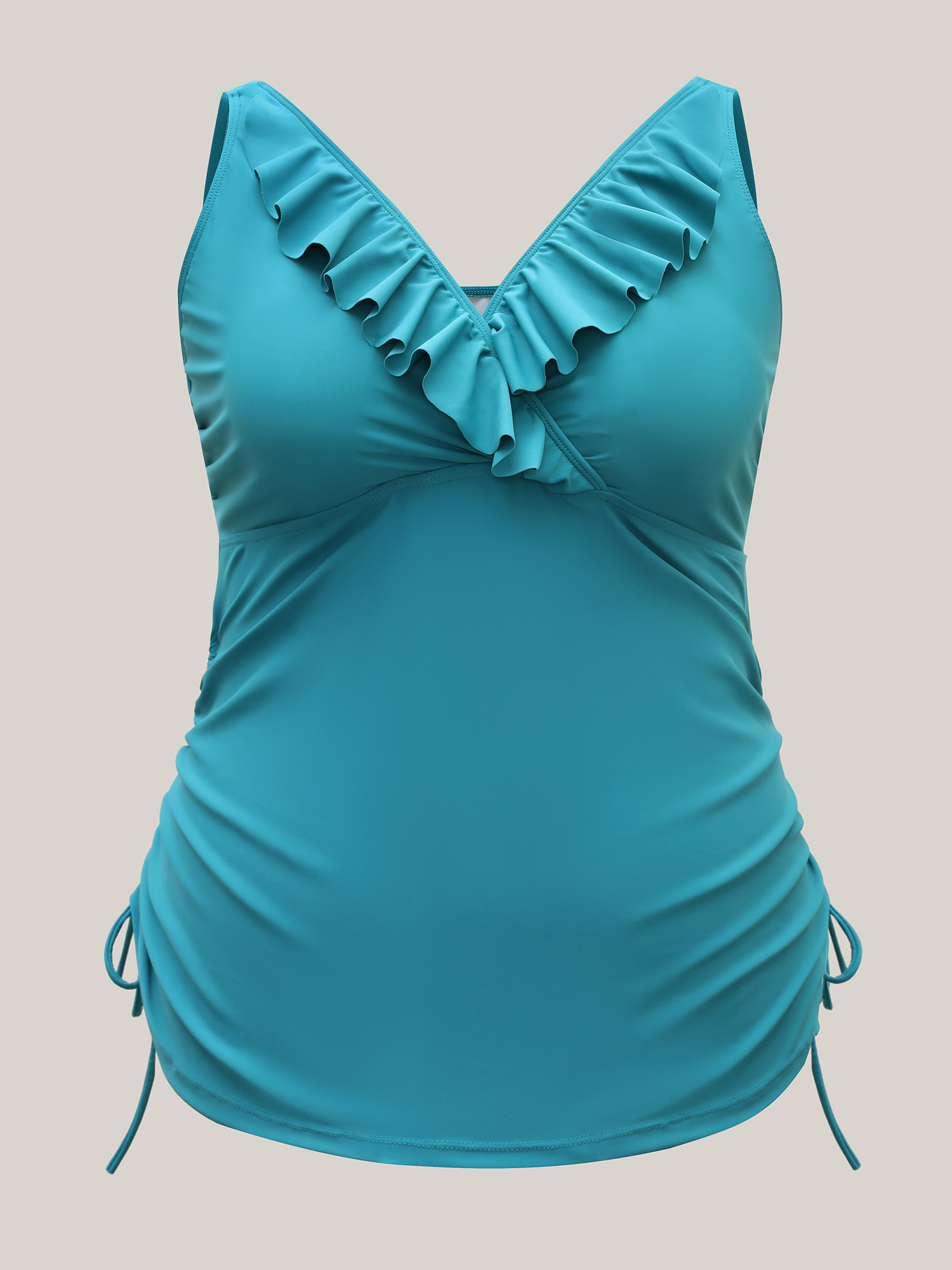 Plus Size Ruffled Edges Drawstring Bust-Support Swim Top Women`s Swimwear Teal Beach Drawstring High stretch Bodycon Overlap Collar Curve Swim Tops BloomChic 12/L 