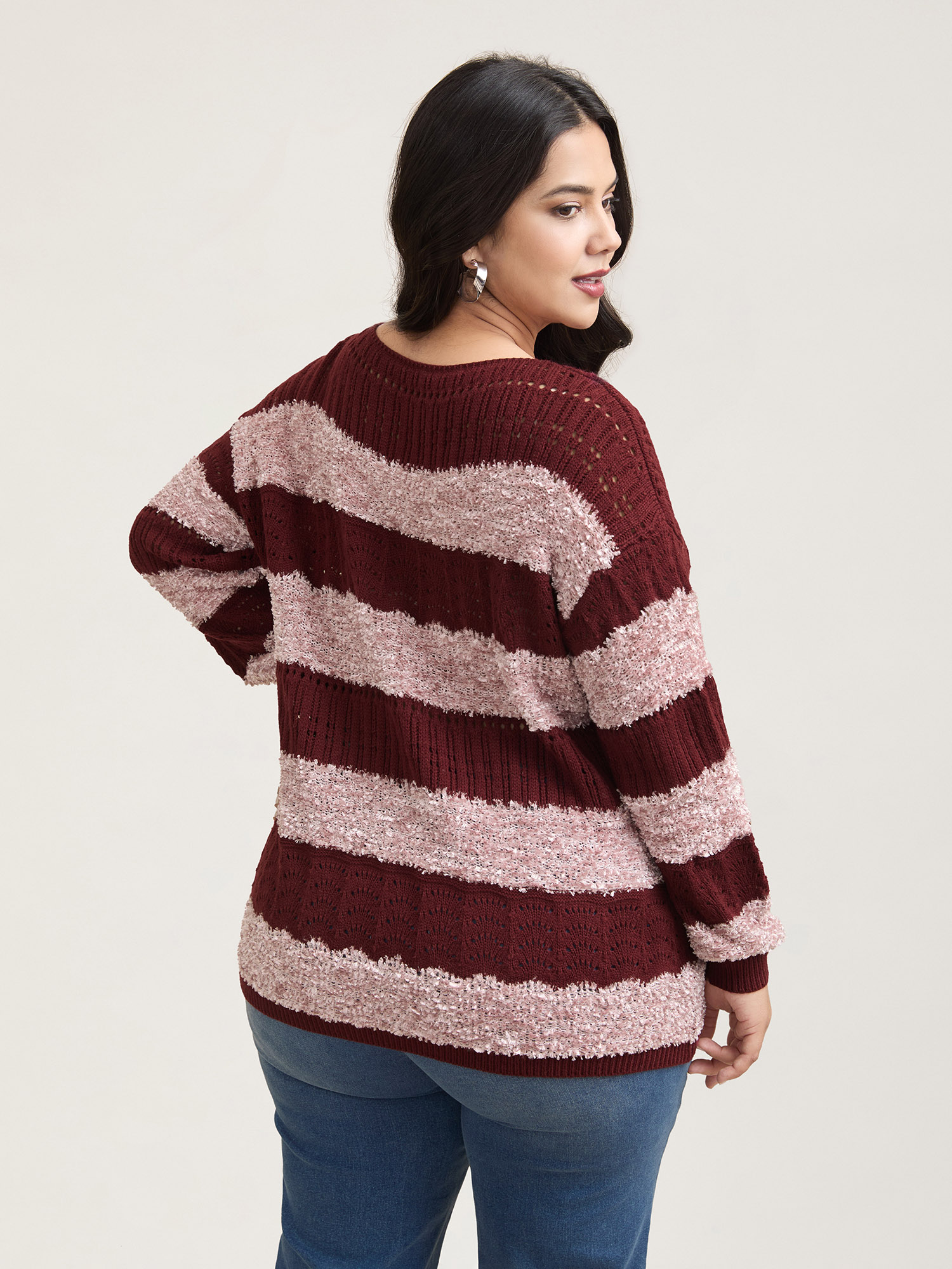 

Plus Size Striped Color-Block Textured Pullover Deepred Women Casual Loose Long Sleeve Round Neck Everyday Pullovers BloomChic