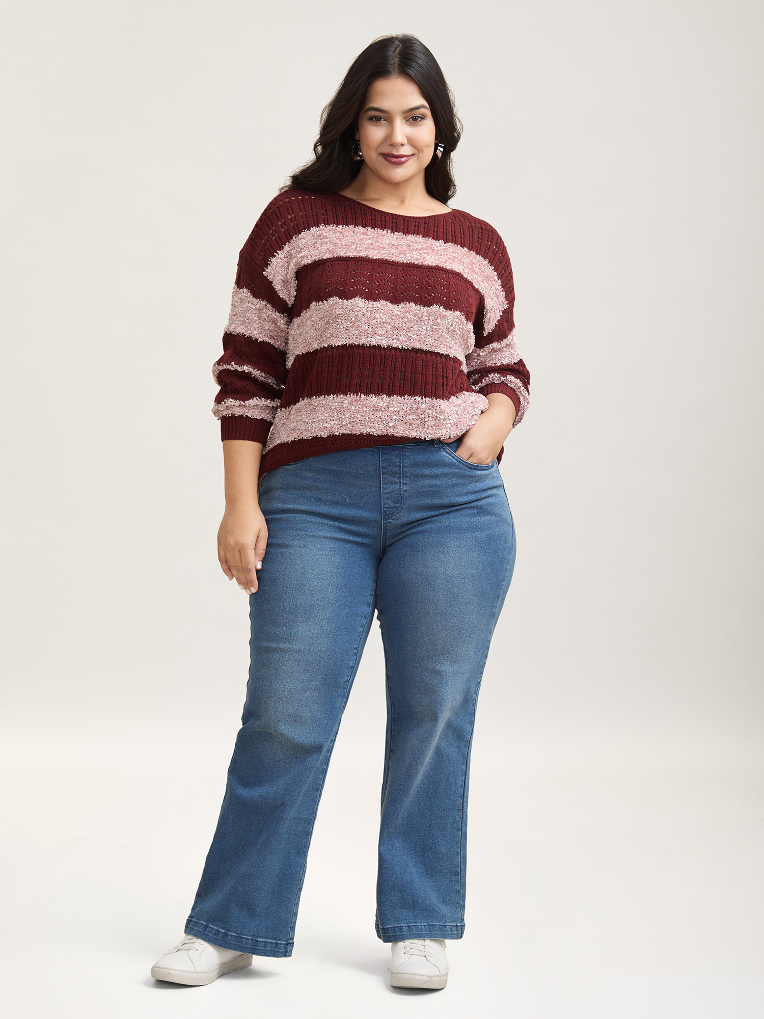 

Plus Size Striped Color-Block Textured Pullover Deepred Women Casual Loose Long Sleeve Round Neck Everyday Pullovers BloomChic