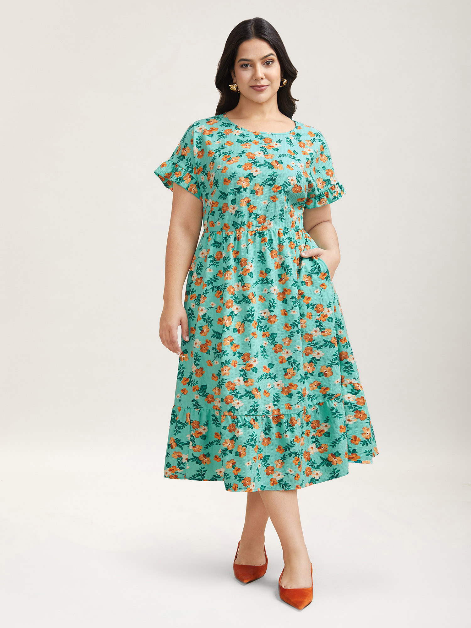 Plus Size Floral Print Ruffled Pockets Midi Dress Turquoise Women Elegant Texture Round Neck Short sleeve Curvy BloomChic 26/4X 