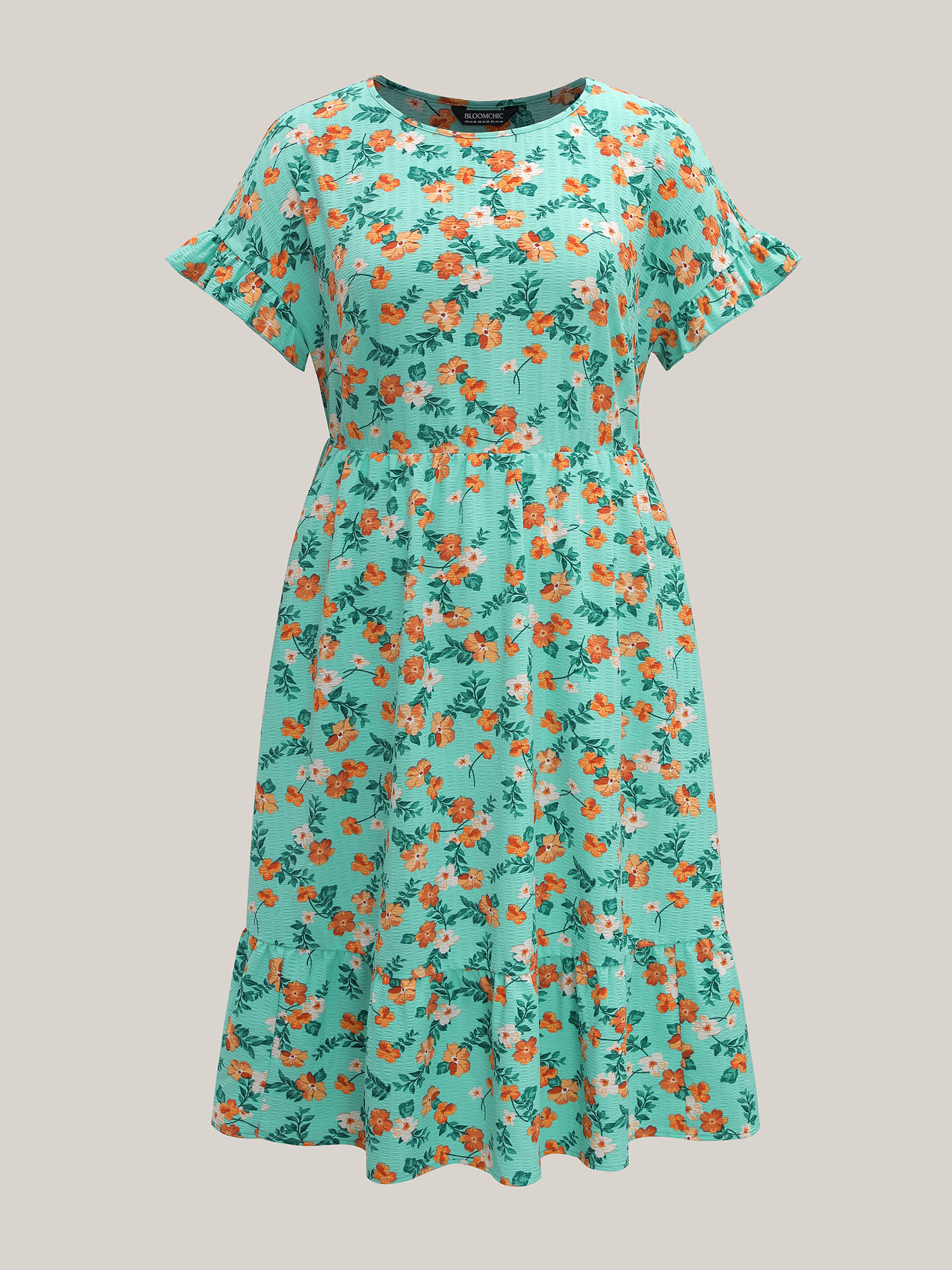 

Plus Size Floral Print Ruffled Pockets Midi Dress Turquoise Women Elegant Texture Round Neck Short sleeve Curvy BloomChic