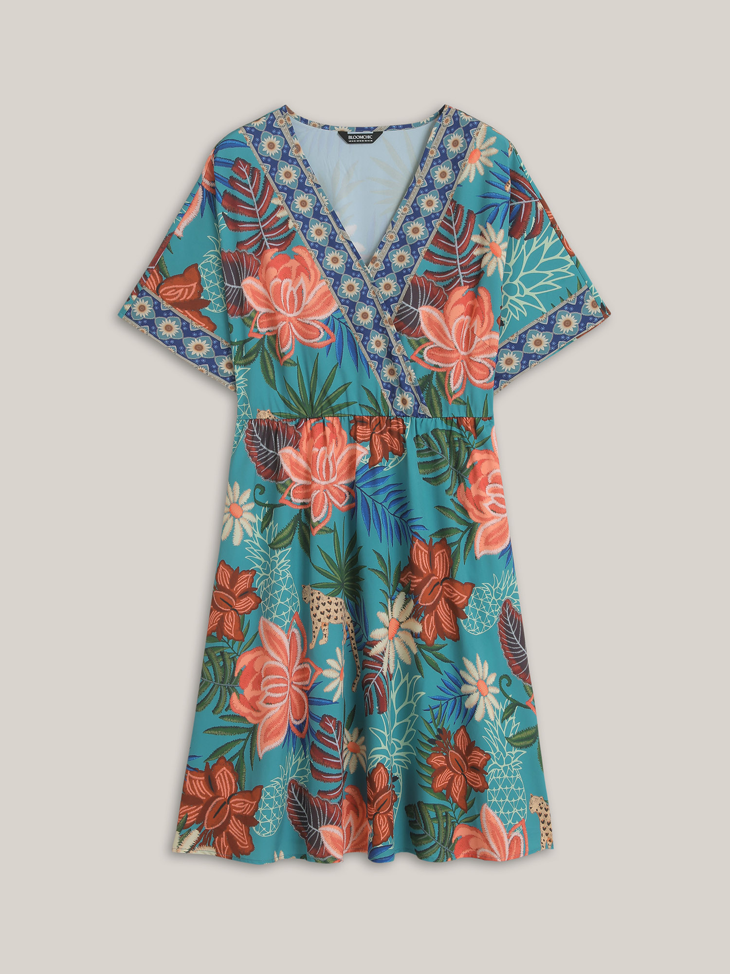 Plus Size Floral Print Surplice Neck Pockets Midi Dress Cerulean Women Resort Non Overlap Collar Short sleeve Curvy BloomChic 12/L 