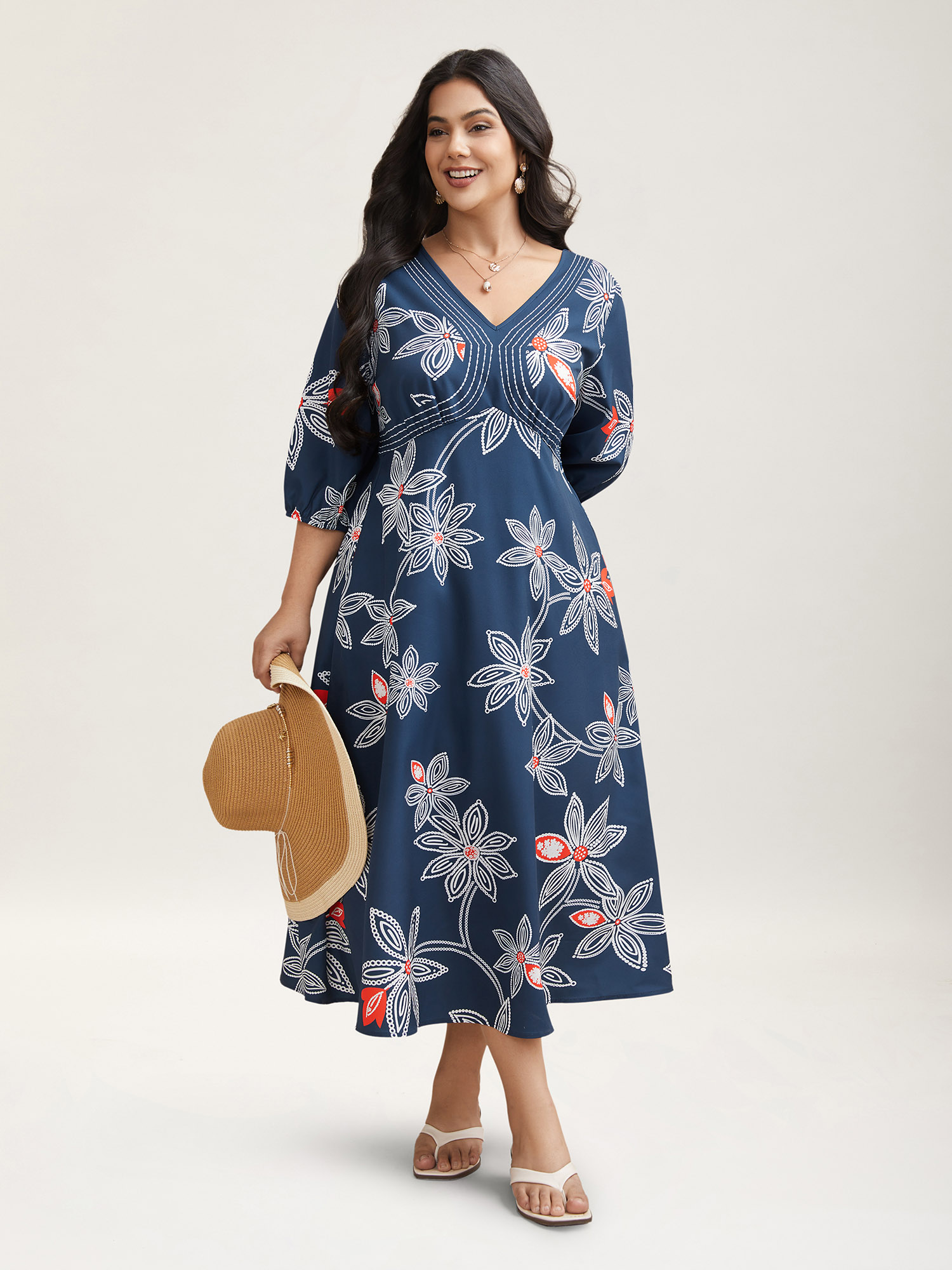 

Plus Size Boho Floral Arc Neck Waist-Cinched Dress DarkBlue Women Resort Gathered V-neck Elbow-length sleeve Curvy BloomChic