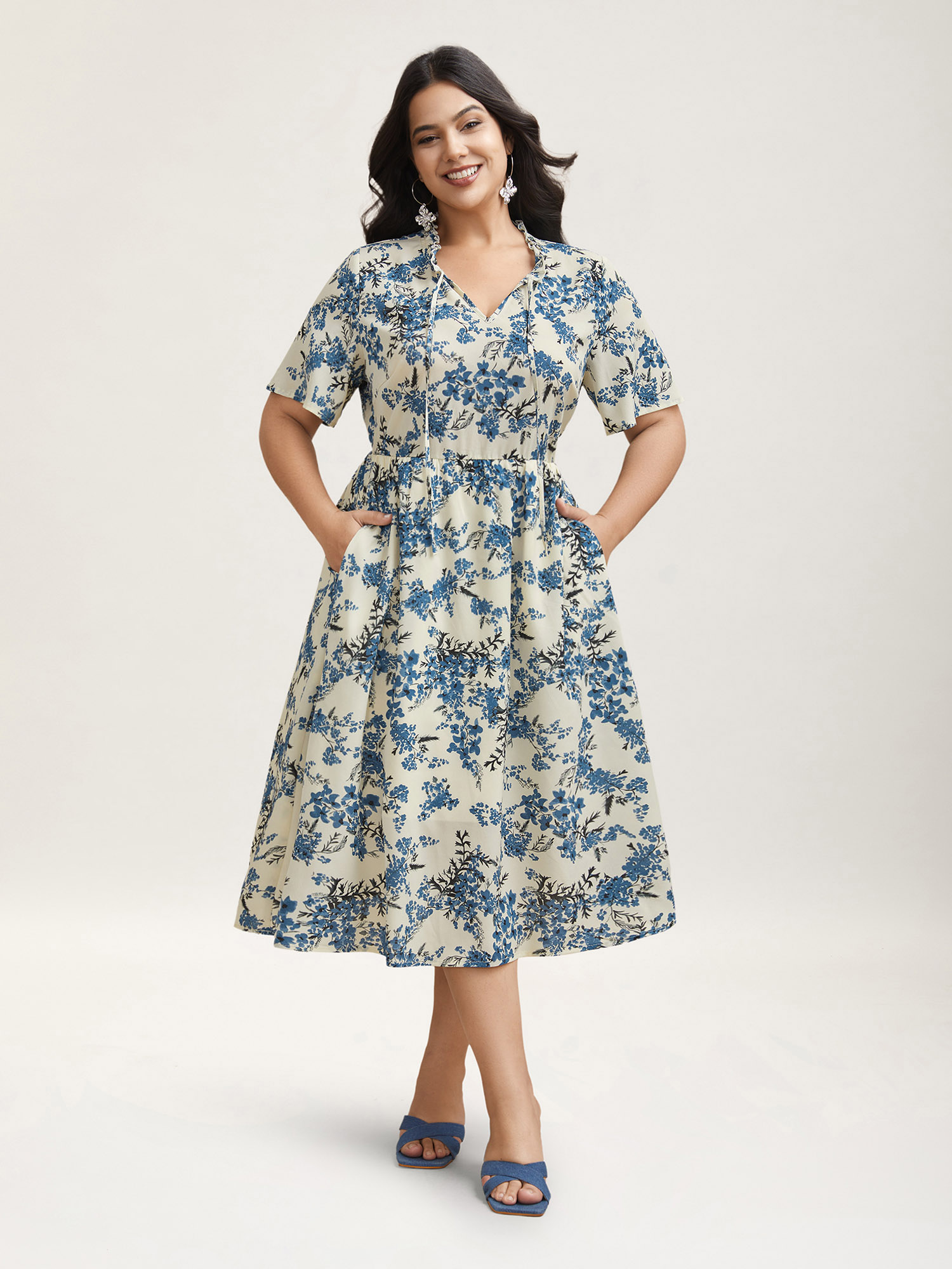 

Plus Size In Full Bloom Notched Collar Pockets Midi Dress Skyblue Women Elegant Tie knot Notched collar Short sleeve Curvy BloomChic