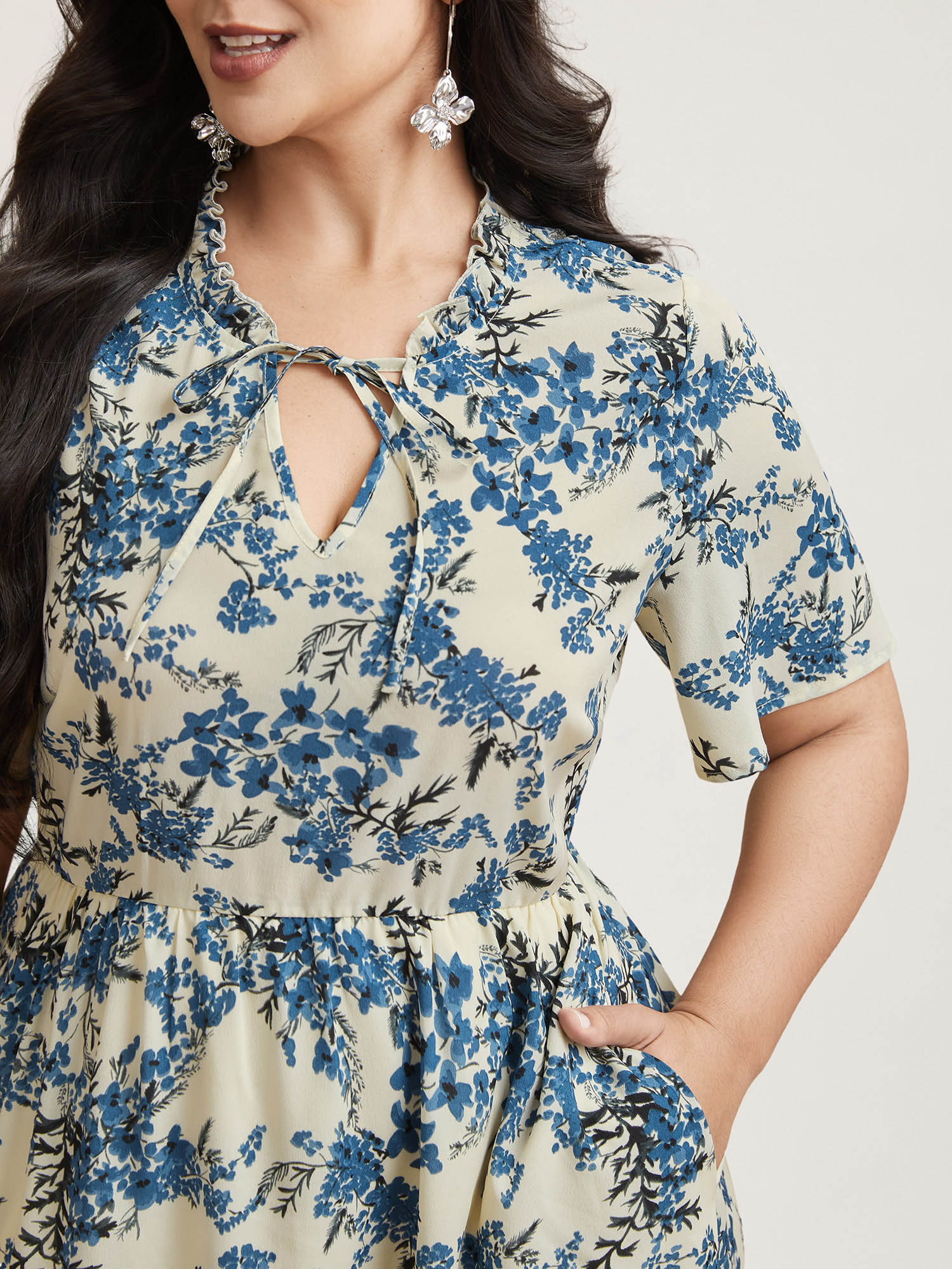 Plus Size In Full Bloom Notched Collar Pockets Midi Dress Skyblue Women Elegant Tie knot Notched collar Short sleeve Curvy BloomChic 30/6X 