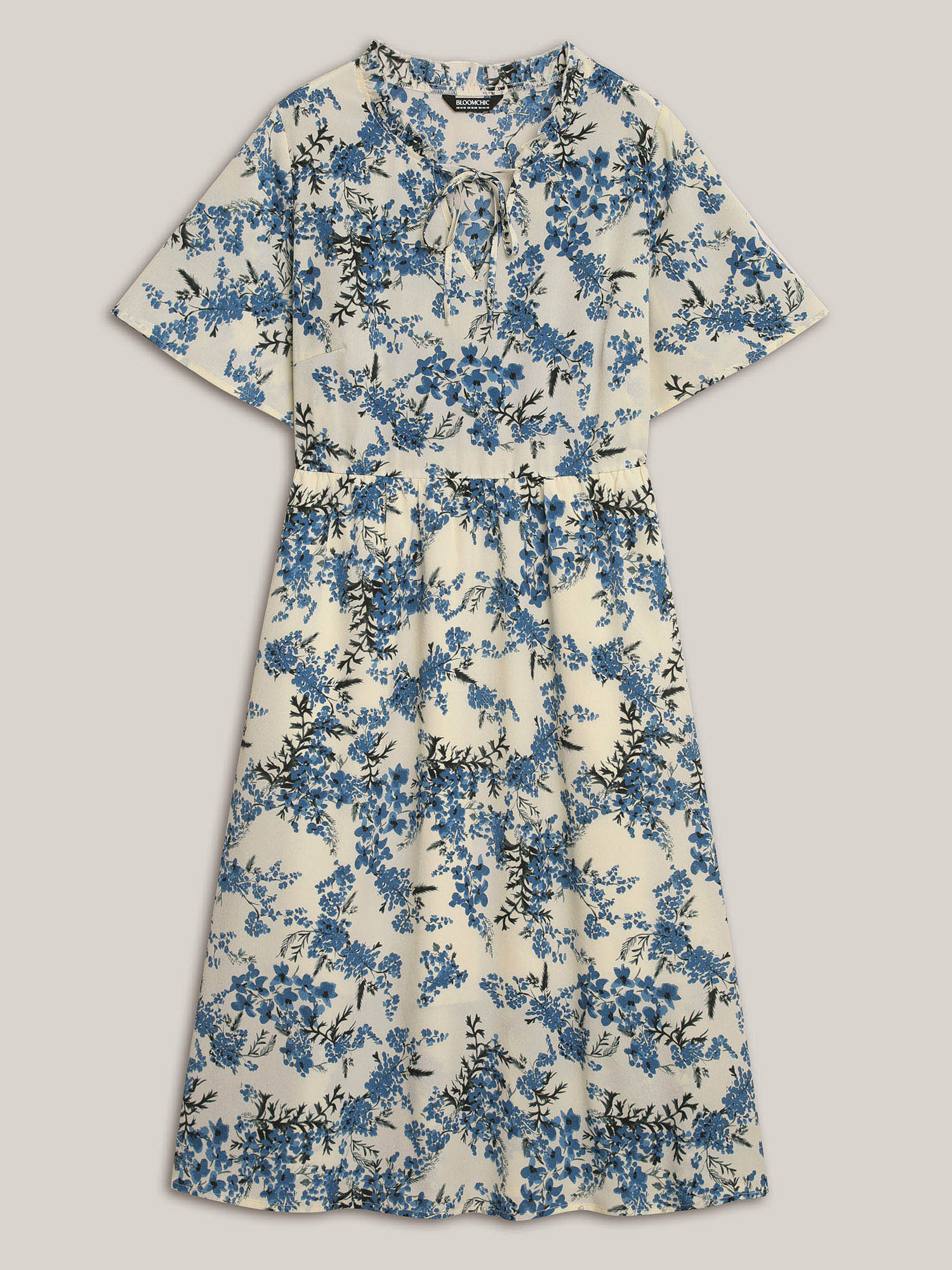 Plus Size In Full Bloom Notched Collar Pockets Midi Dress Skyblue Women Elegant Tie knot Notched collar Short sleeve Curvy BloomChic 30/6X 