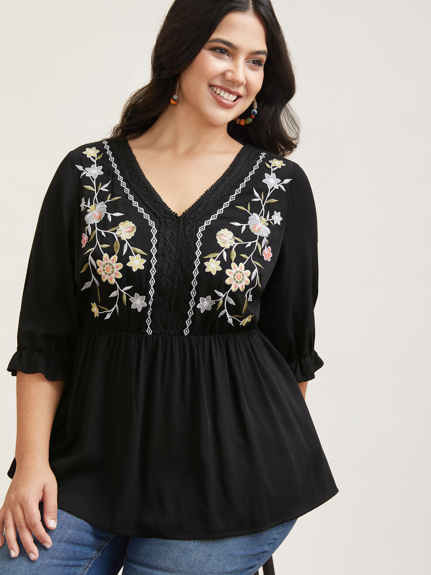 

Plus Size Black Embroidered Lace Spliced Peplum Shirt Women Resort Elbow-length sleeve V-neck Vacation Blouses BloomChic