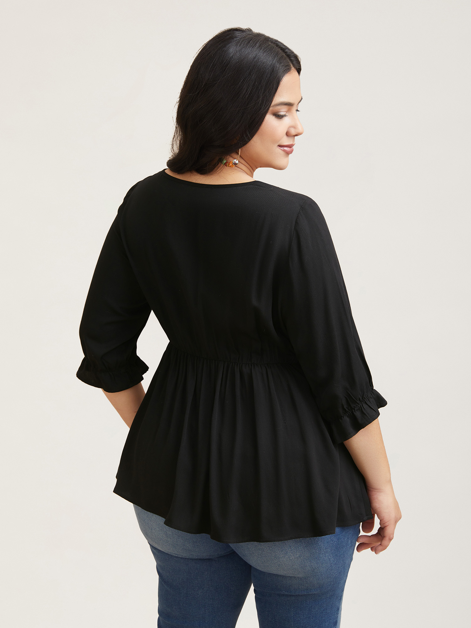 

Plus Size Black Embroidered Lace Spliced Peplum Shirt Women Resort Elbow-length sleeve V-neck Vacation Blouses BloomChic