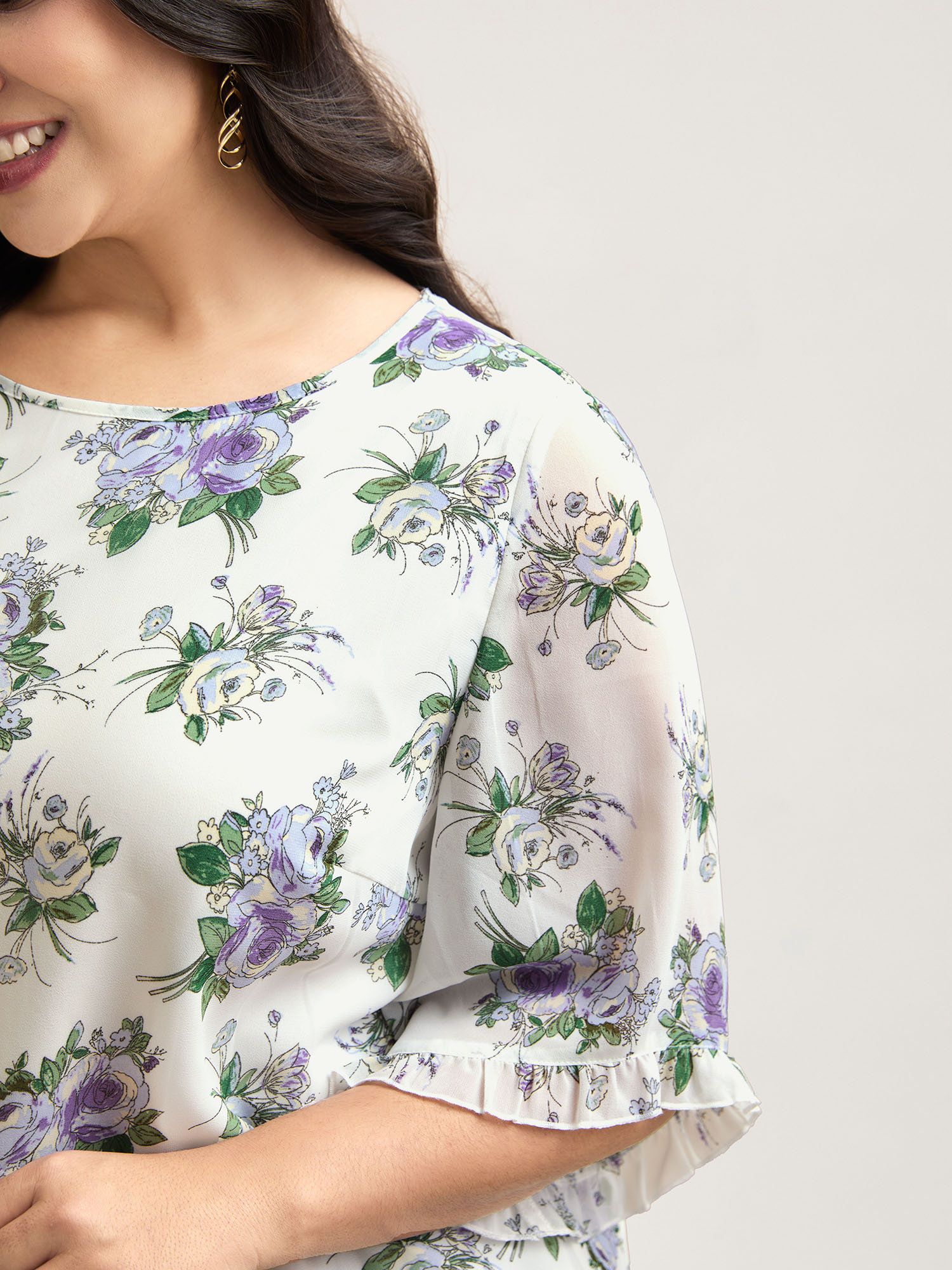 Plus Size Originalwhite Chiffon Floral Ruffled Edges Shirt Women Elegant Elbow-length sleeve Round Neck Everyday Blouses BloomChic 14-16/1X 