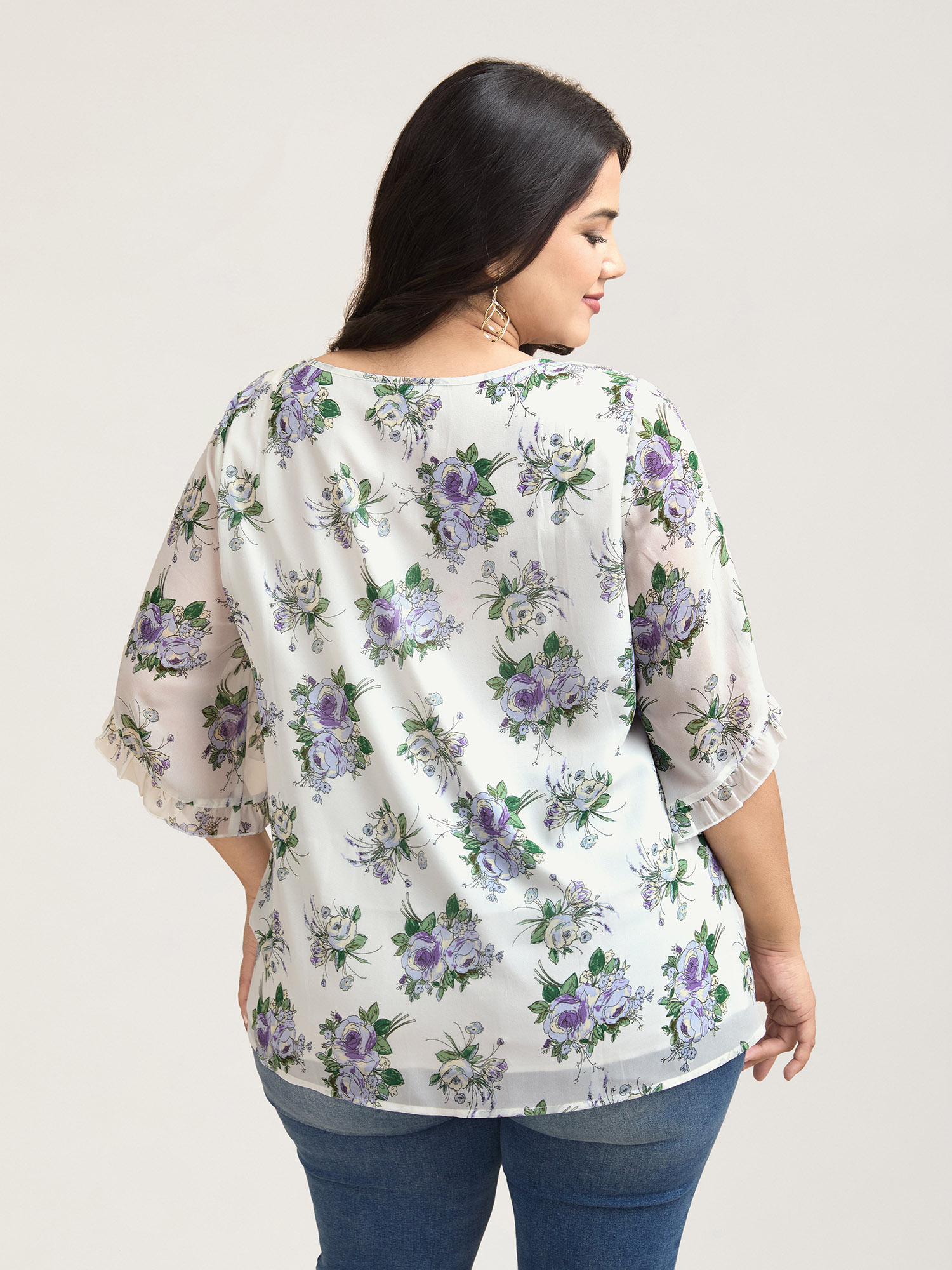 Plus Size Originalwhite Chiffon Floral Ruffled Edges Shirt Women Elegant Elbow-length sleeve Round Neck Everyday Blouses BloomChic 14-16/1X 