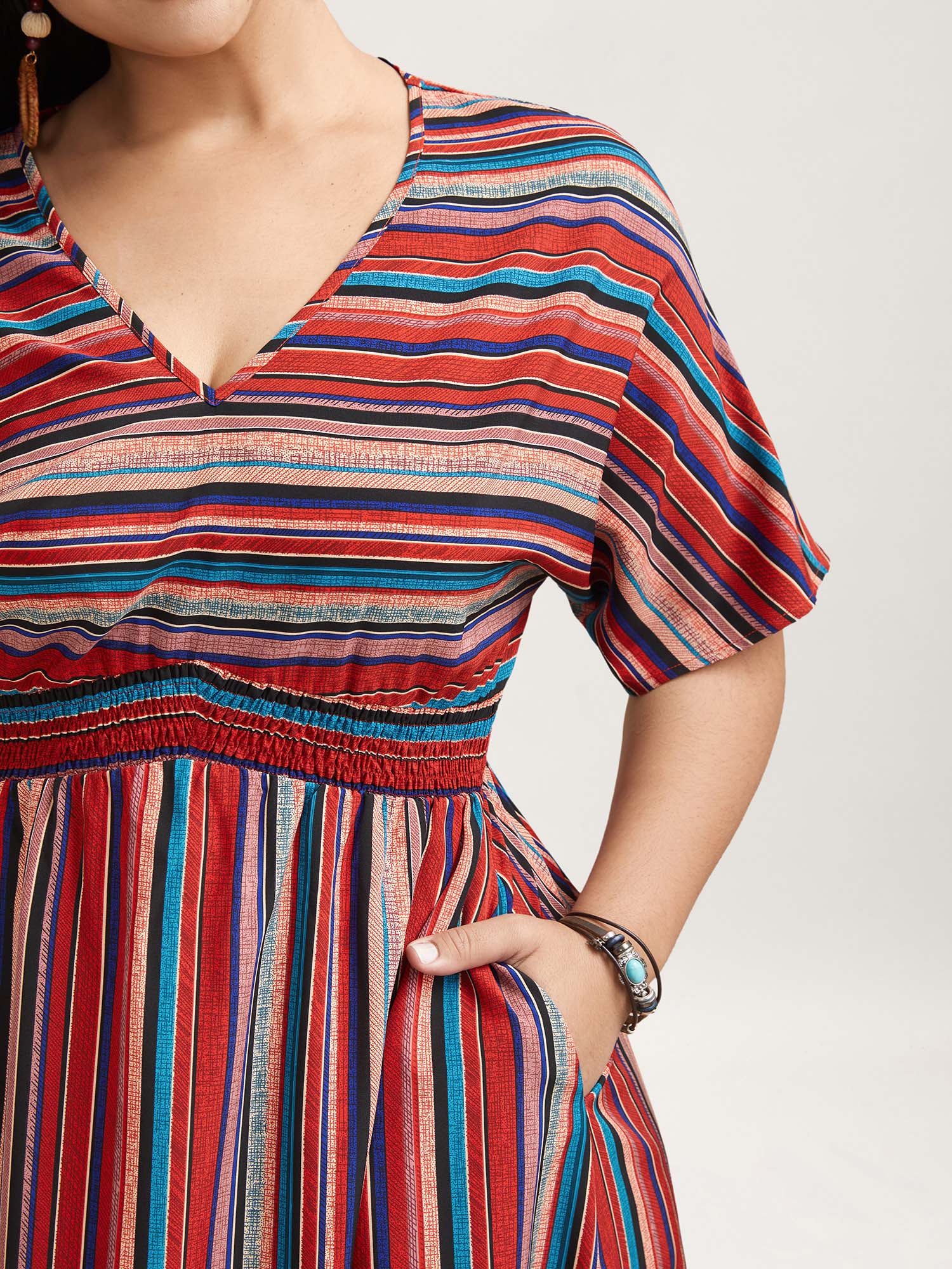 Plus Size Striped Shirred V-Neck Half Sleeve Midi Dress Scarlet Women Resort Shirred V-neck Short sleeve Curvy BloomChic 10/M 